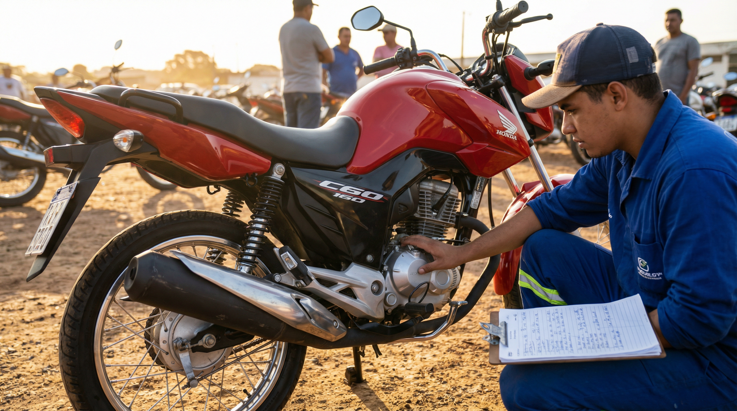 Três tipos diferentes de motos de leilão lado a lado: financeira, seguradora e apreendida com etiquetas de identificação