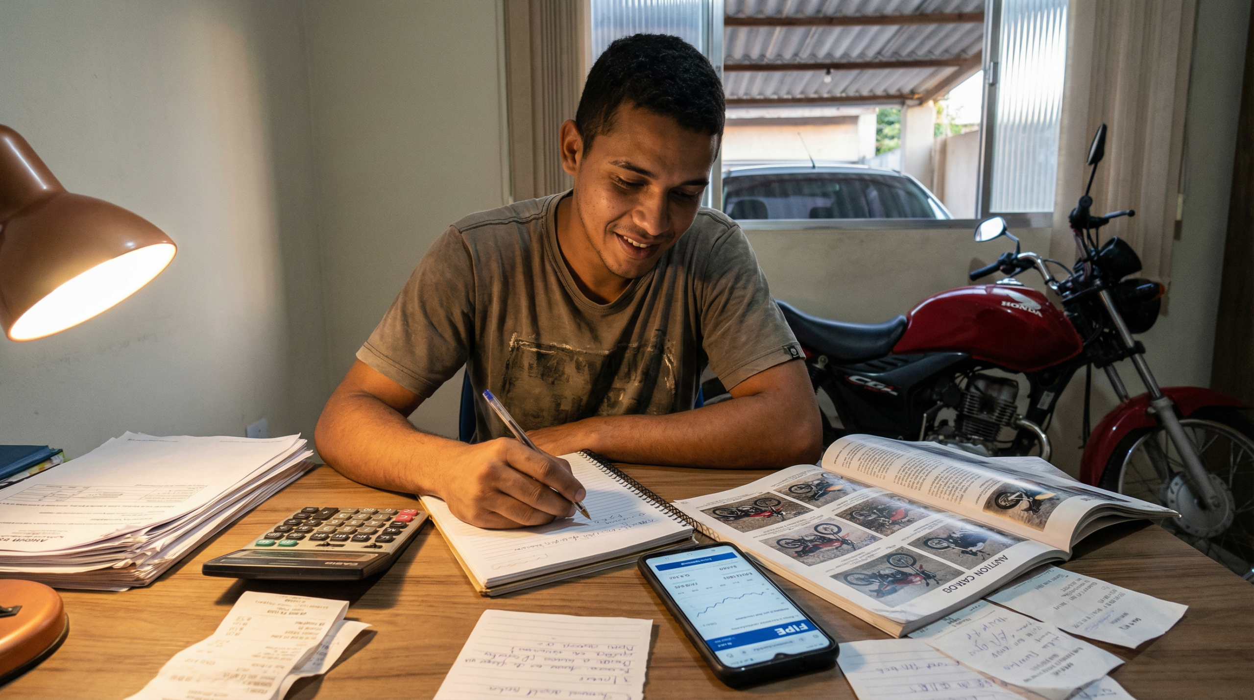 Homem analisando edital de leilão de utilitários com lupa e checklist de verificação