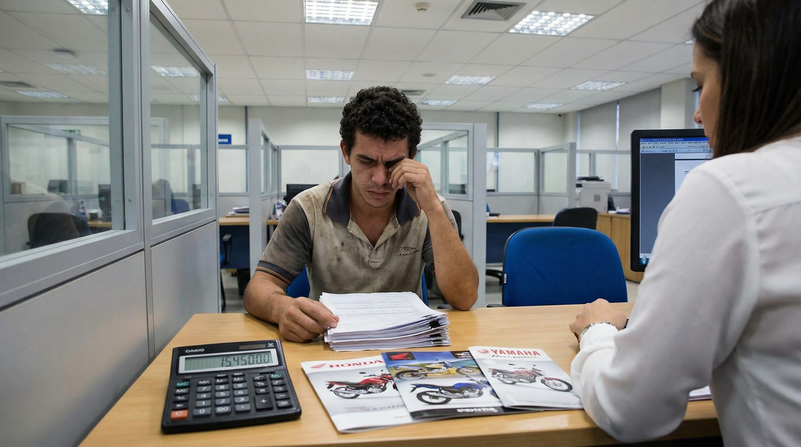 Jovem brasileiro preocupado analisando contrato de financiamento de moto em mesa de banco com calculadora