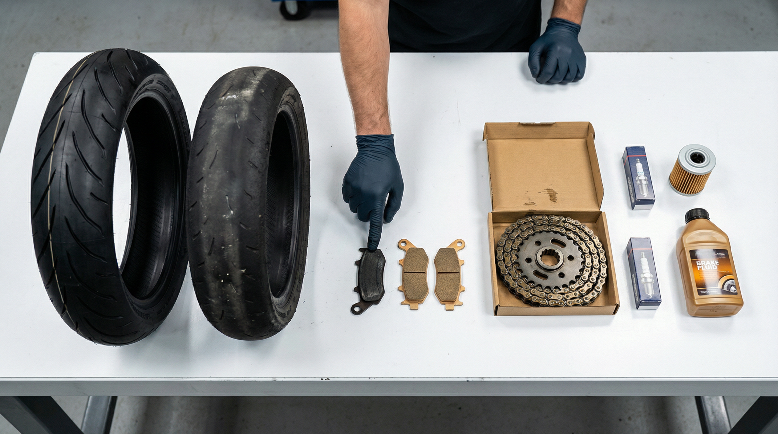 Peças de desgaste de moto em bancada de oficina incluindo pneus pastilhas de freio e corrente