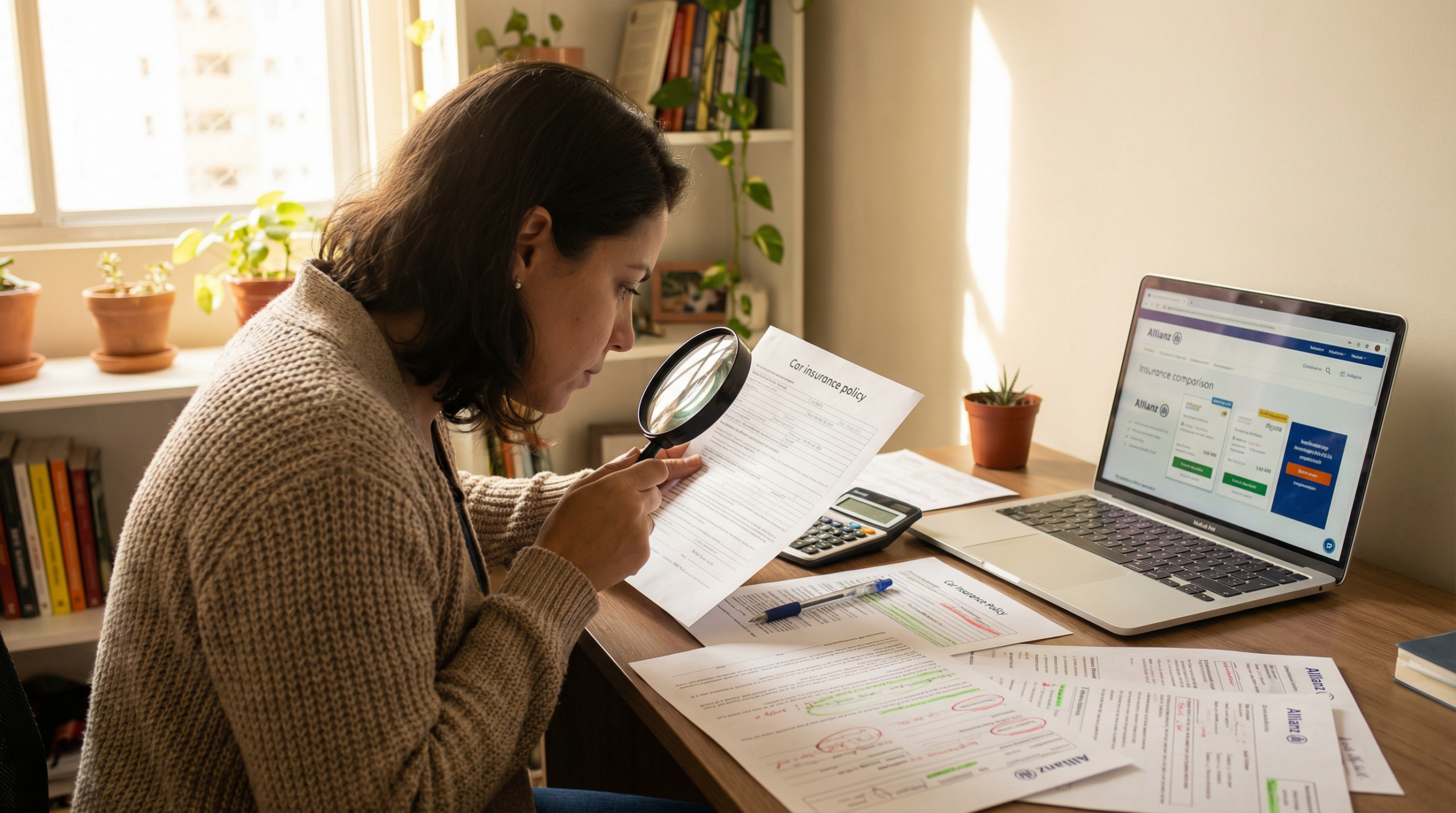 Mulher analisando exclusões e coberturas em apólice de seguro para carro de leilão