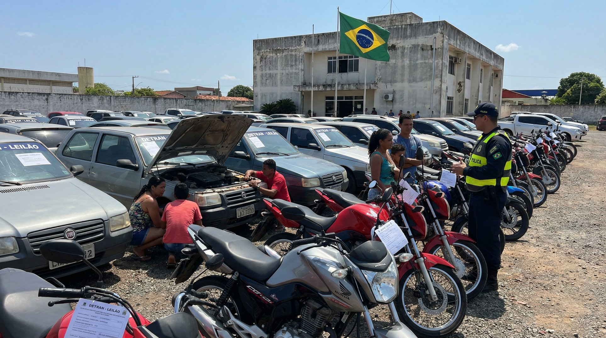 Leilão governamental do DETRAN com carros e motos apreendidos em pátio oficial com bandeira do Brasil e policial