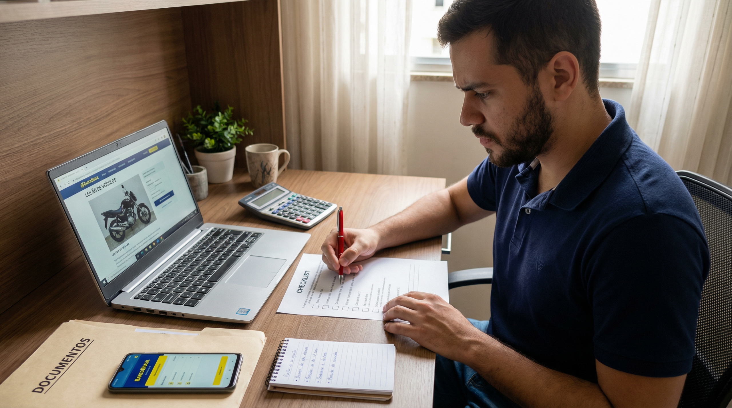 Jovem brasileiro preenchendo checklist de verificação antes de dar lance em leilão de moto online