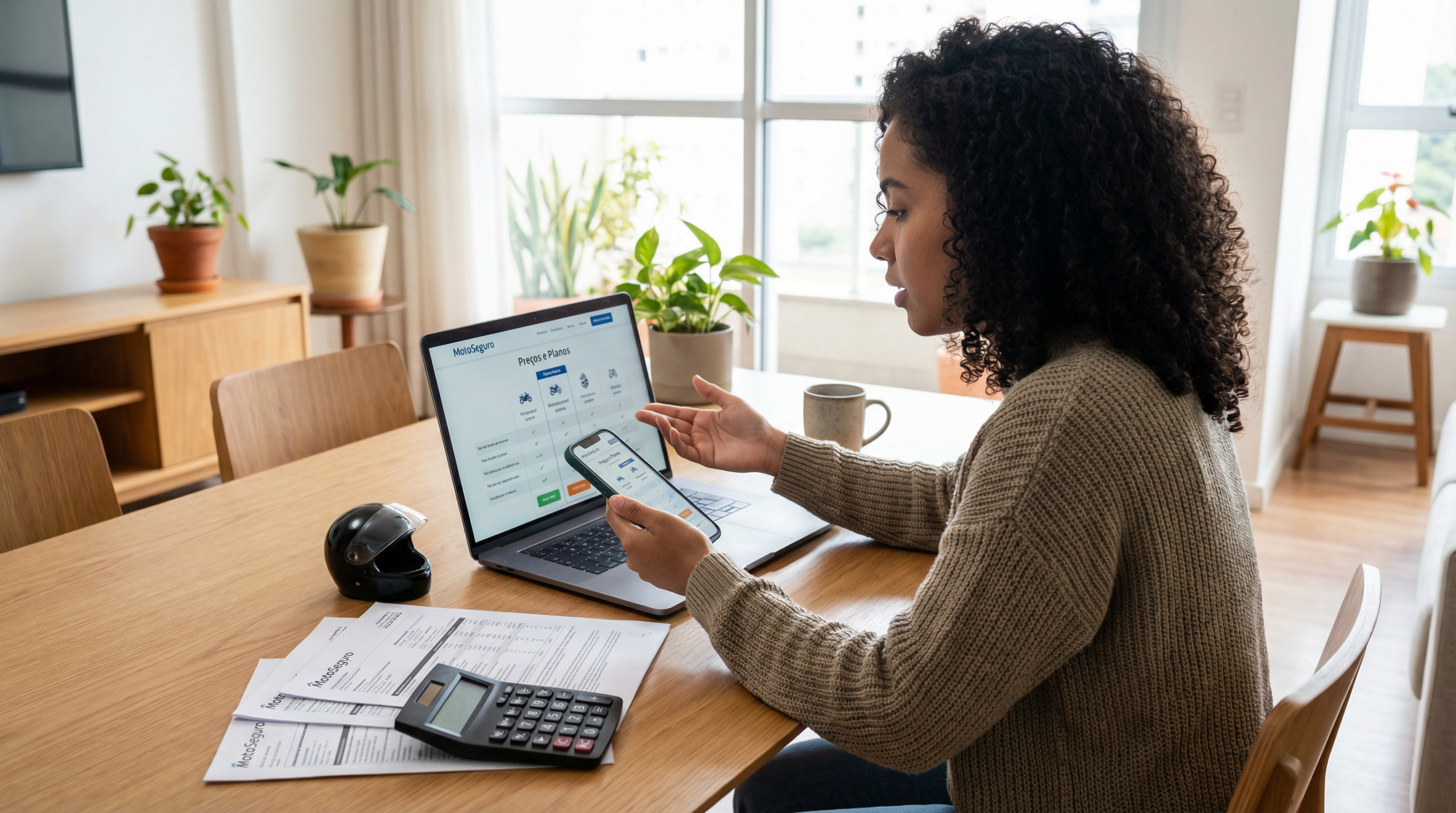 Mulher brasileira comparando cotações de seguro para moto de leilão no laptop e celular