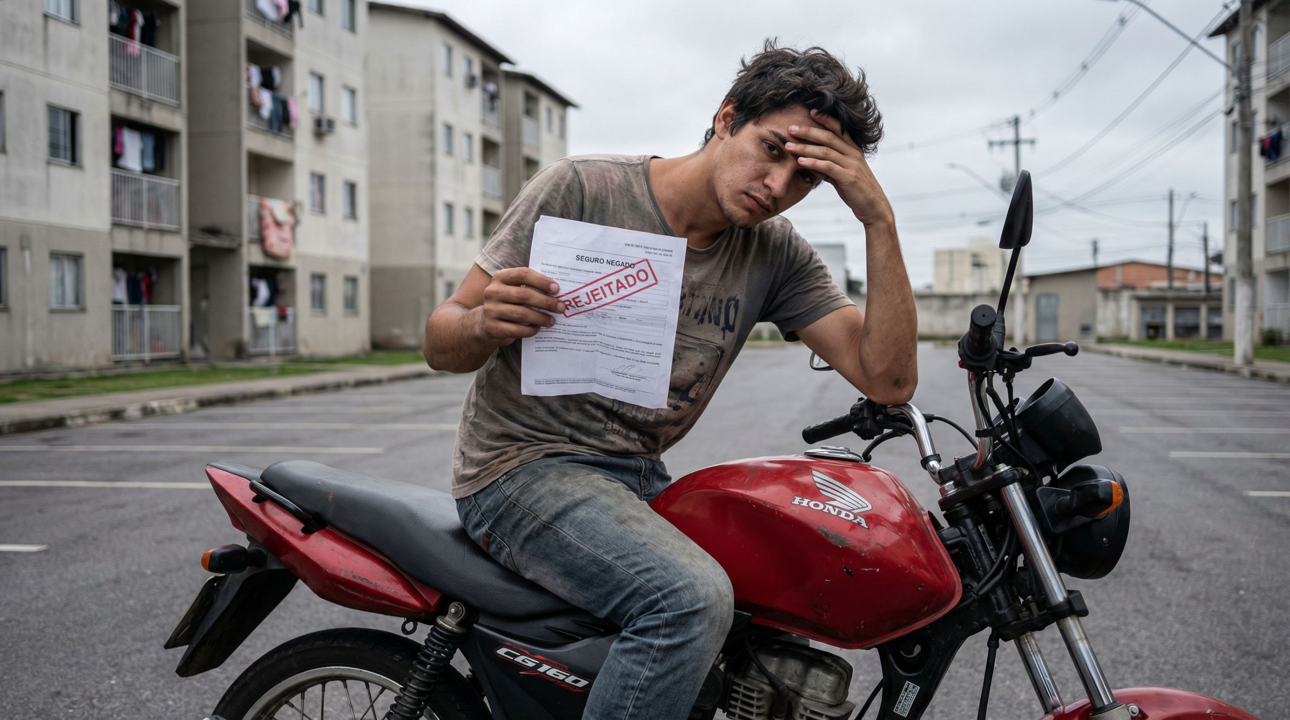 Jovem brasileiro frustrado com seguro de moto de leilão rejeitado ao lado da Honda CG