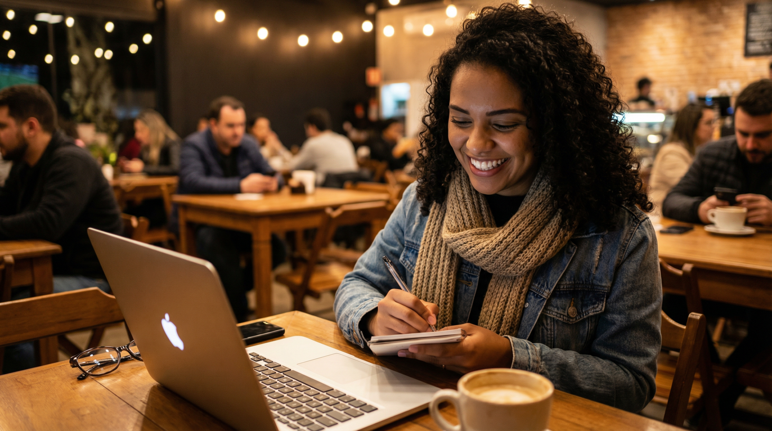 Jovem brasileira anotando estratégias para economizar no seguro de moto de leilão
