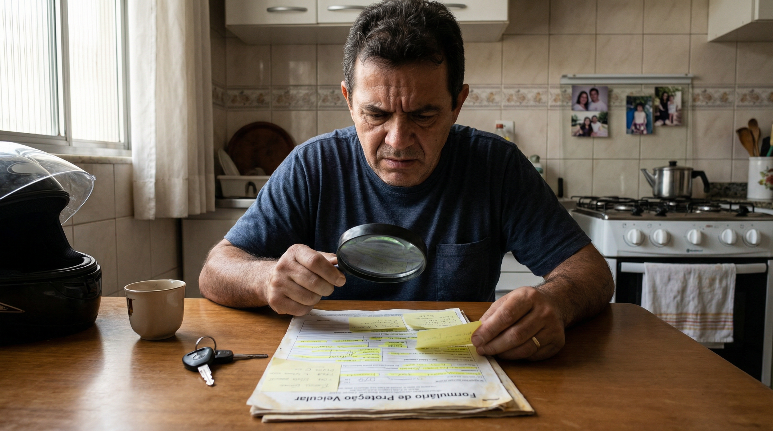 Homem brasileiro lendo contrato de proteção veicular com lupa na cozinha de casa