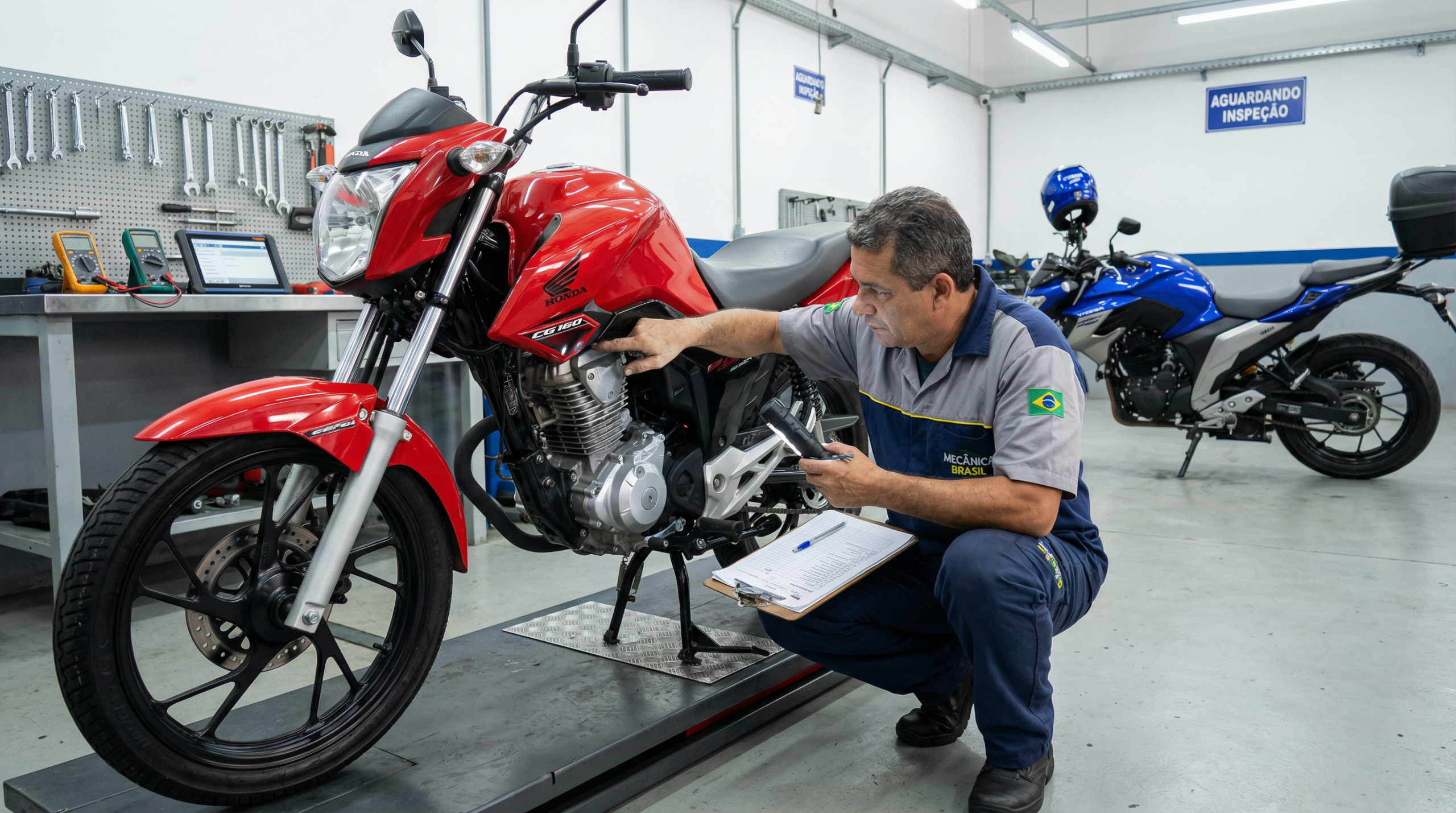 Mecânico brasileiro inspecionando motor de Honda CG 160 vermelha em oficina com checklist de vistoria