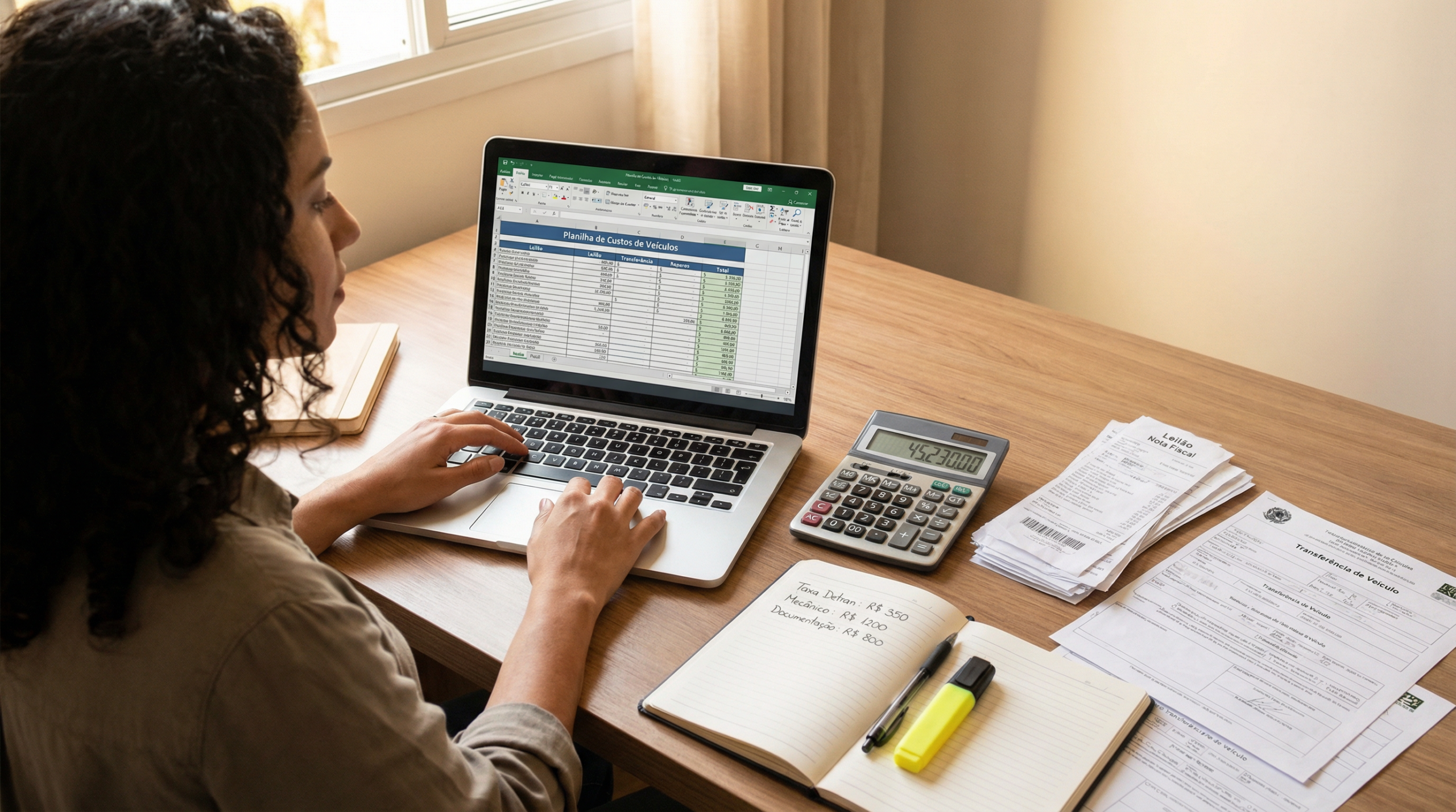 Mulher brasileira calculando custos de transferência e reparo de carro de leilão em home office com laptop, calculadora e documentos