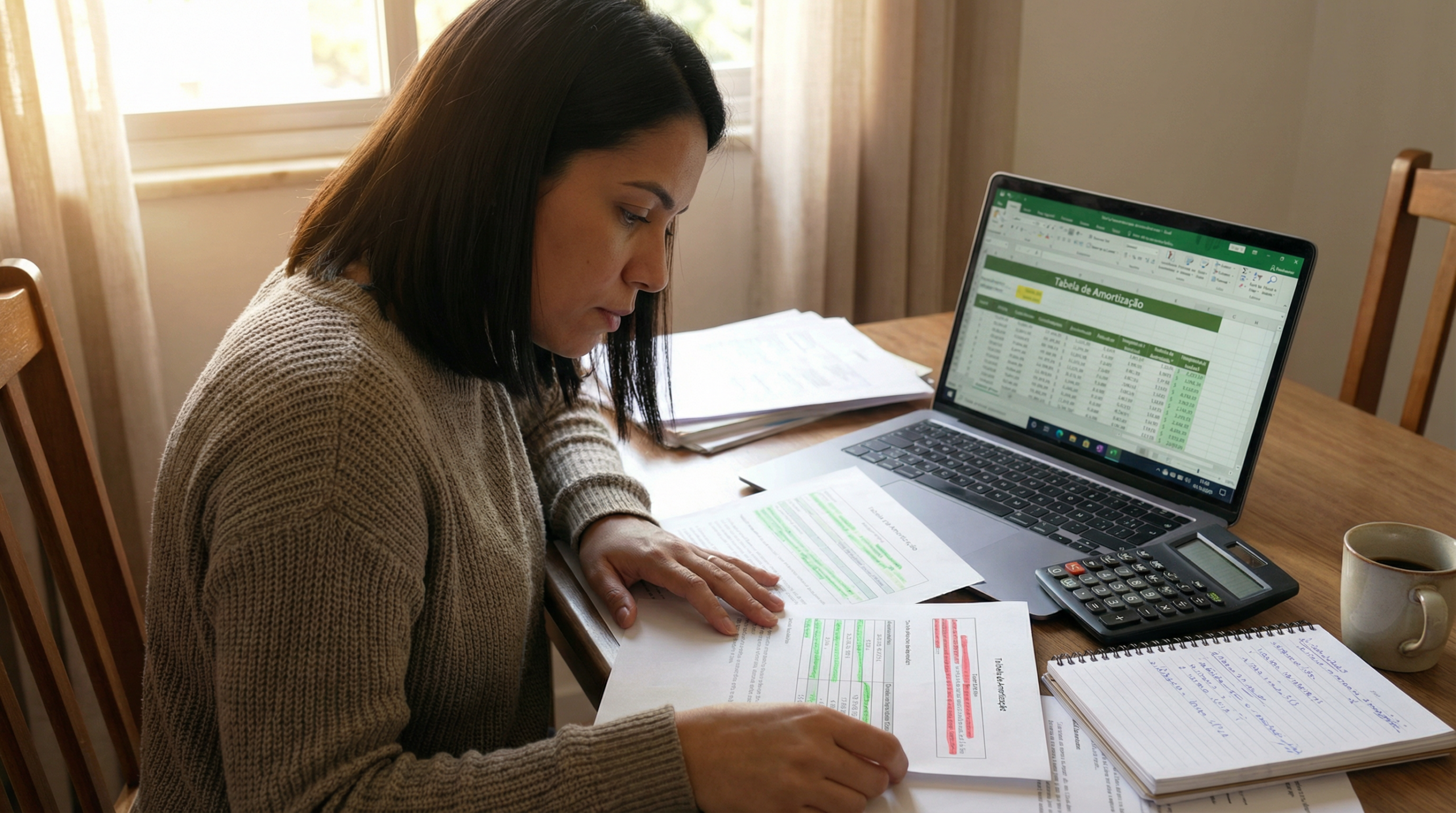 Mulher brasileira comparando propostas de financiamento lado a lado em home office com laptop mostrando tabela de amortização