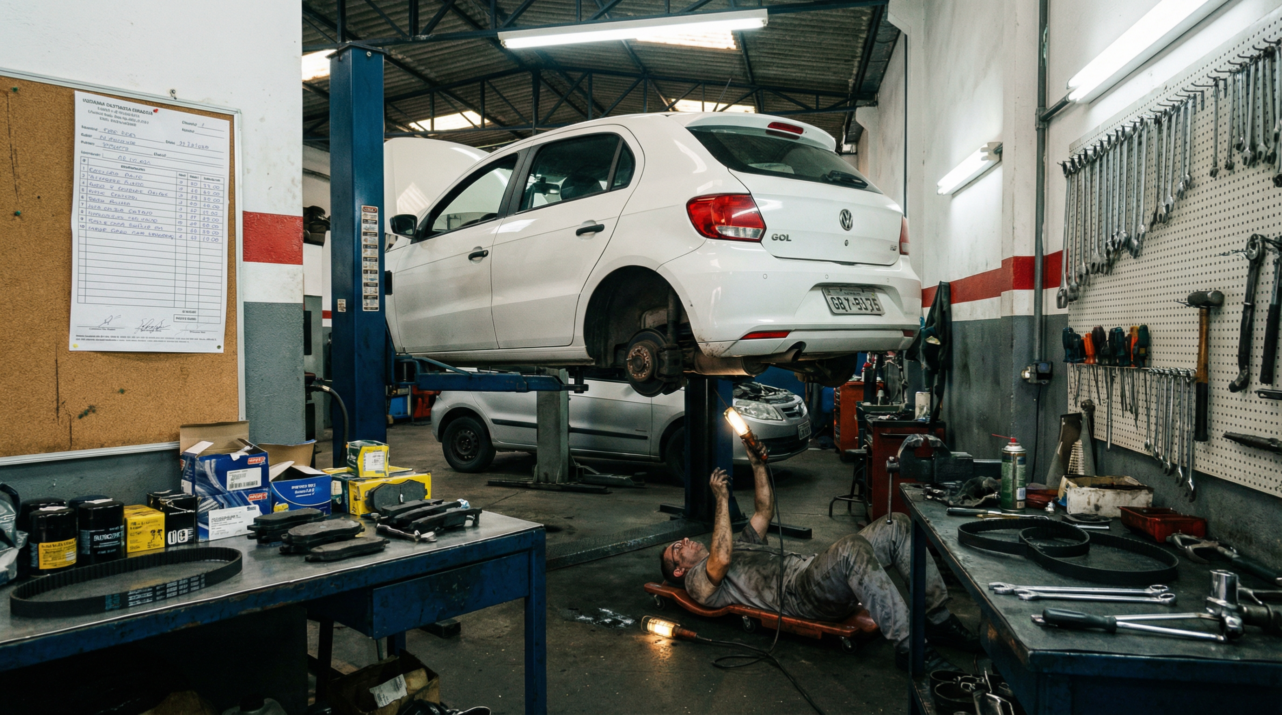 Oficina mecânica brasileira com carro elevado no elevador hidráulico e mecânico examinando suspensão e freios com peças na bancada