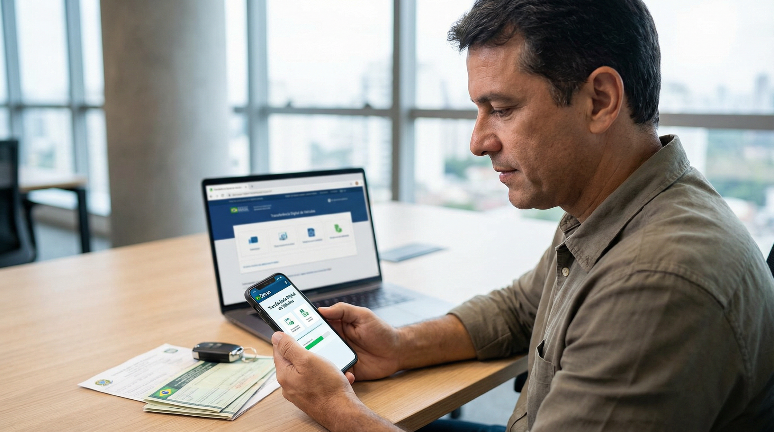 Homem brasileiro usando smartphone para acessar plataforma digital de transferência veicular com chave do carro e documentos na mesa