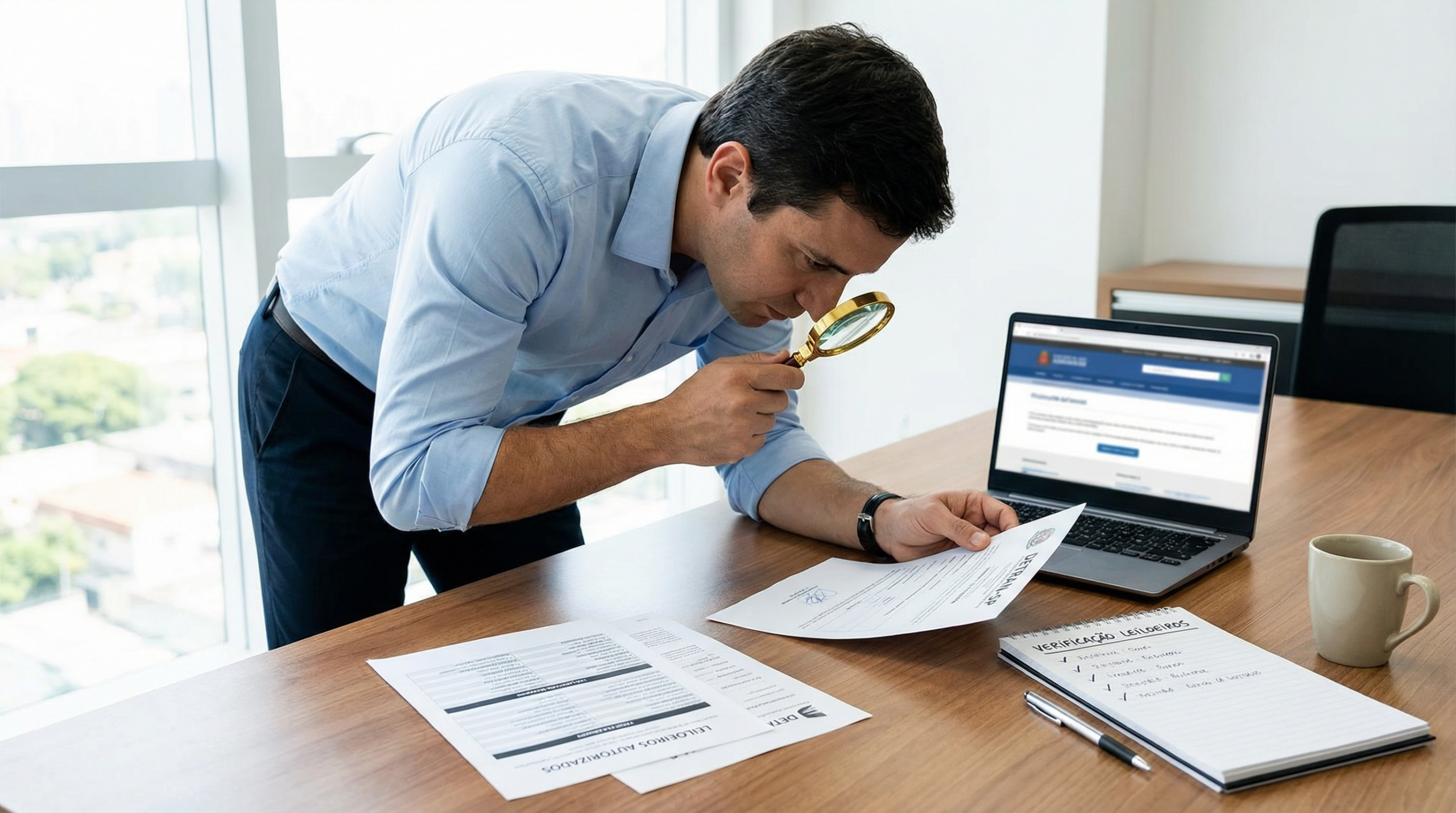 Homem brasileiro examinando documentos oficiais do DETRAN com lupa para verificar autenticidade de leiloeiro