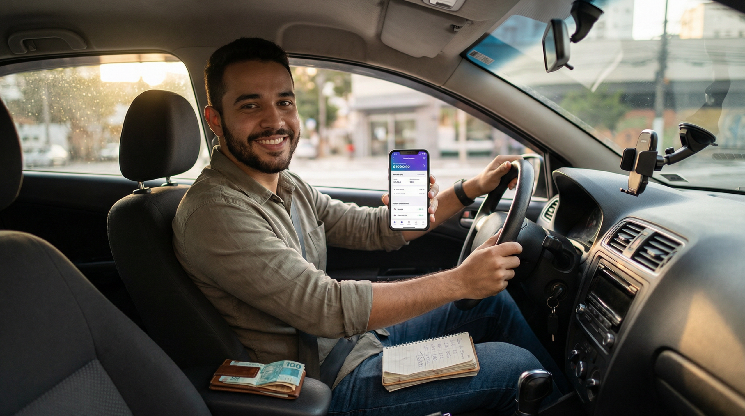 Motorista de Uber brasileiro sorrindo dentro do carro mostrando ganhos no aplicativo com notas de reais e caderno de anotações