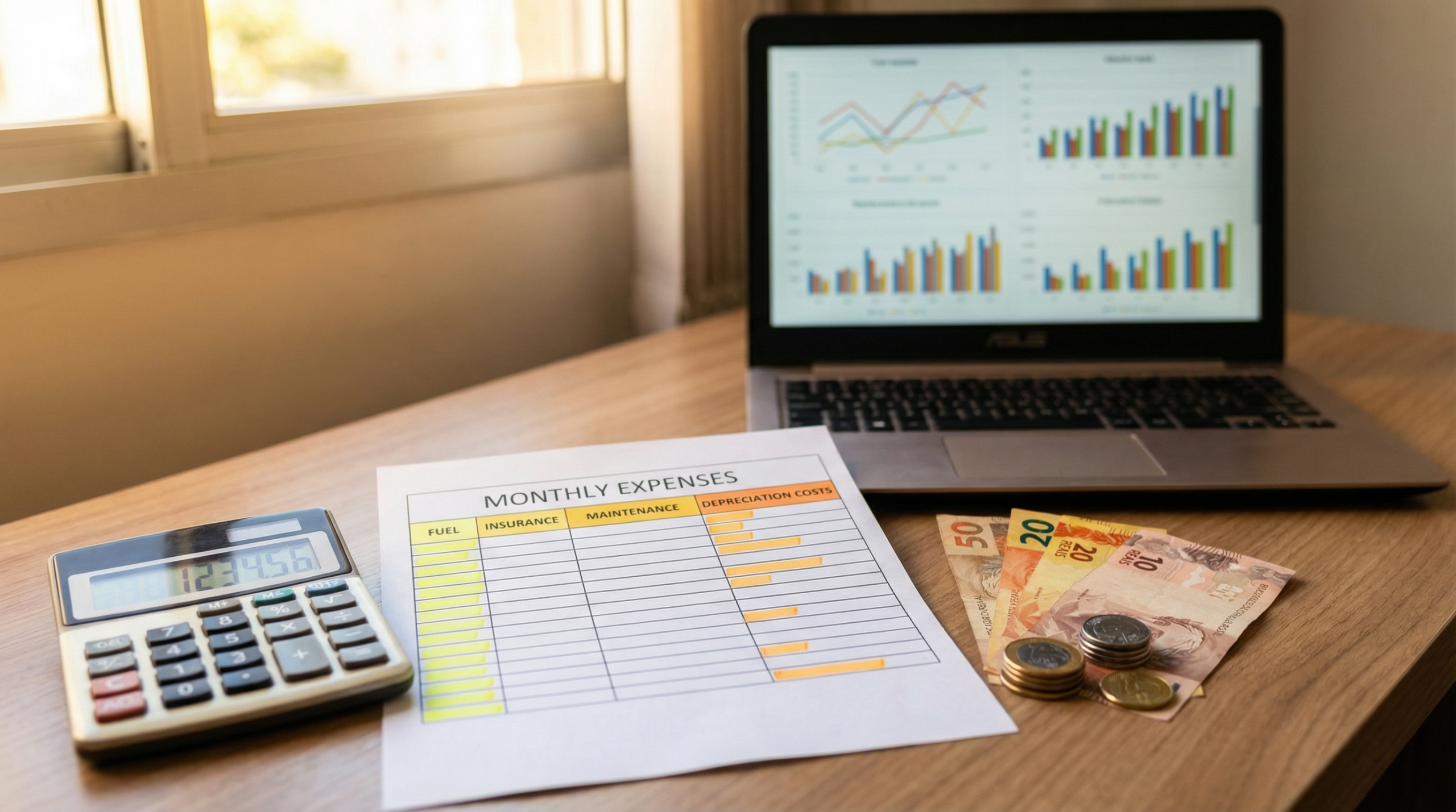 Mesa de escritório com planilha de custos mensais impressa calculadora notas de reais e laptop mostrando gráficos financeiros