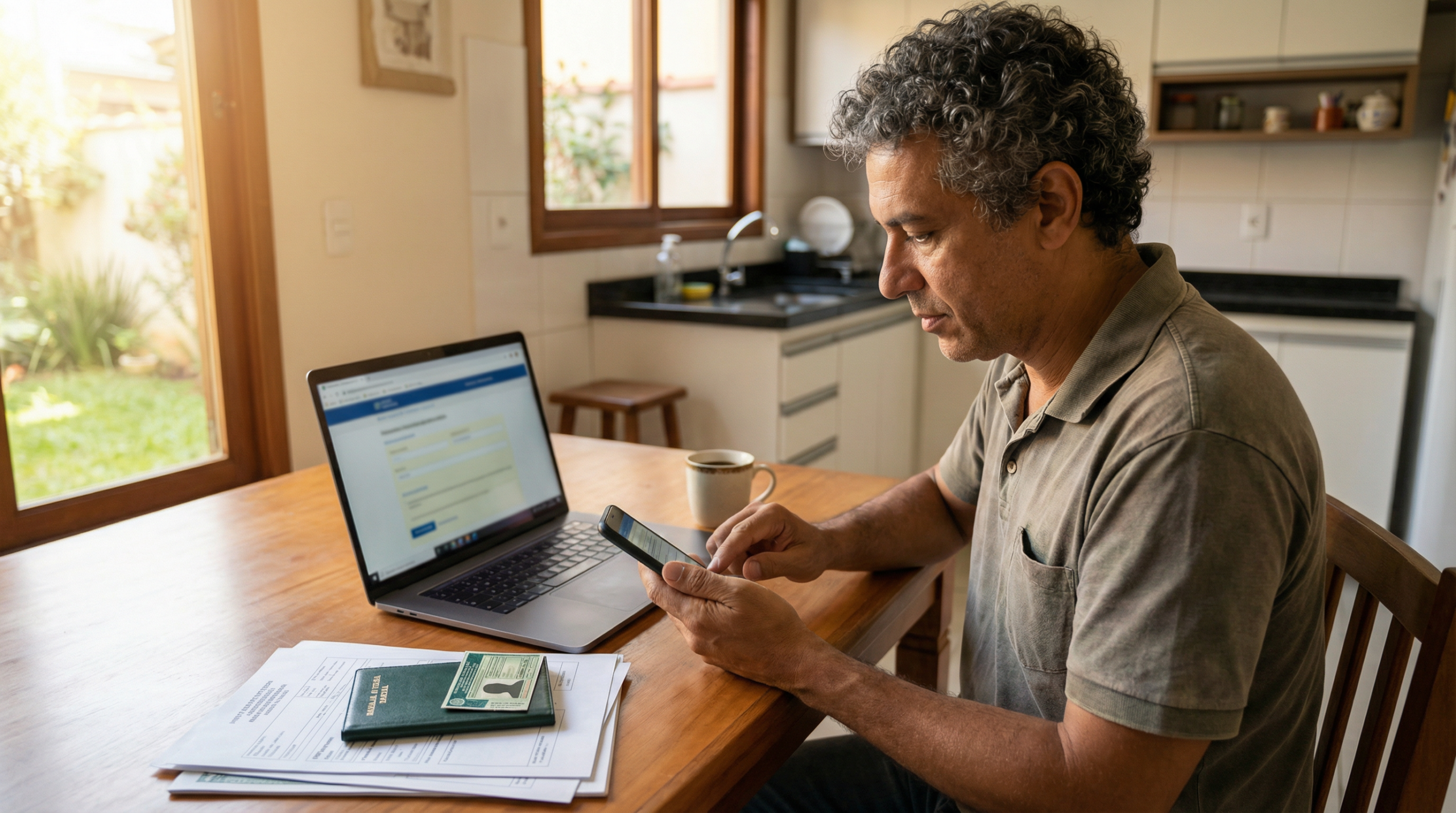 Homem brasileiro sentado na mesa da cozinha fazendo cadastro em aplicativo de transporte no smartphone com laptop e documentos CNH organizados