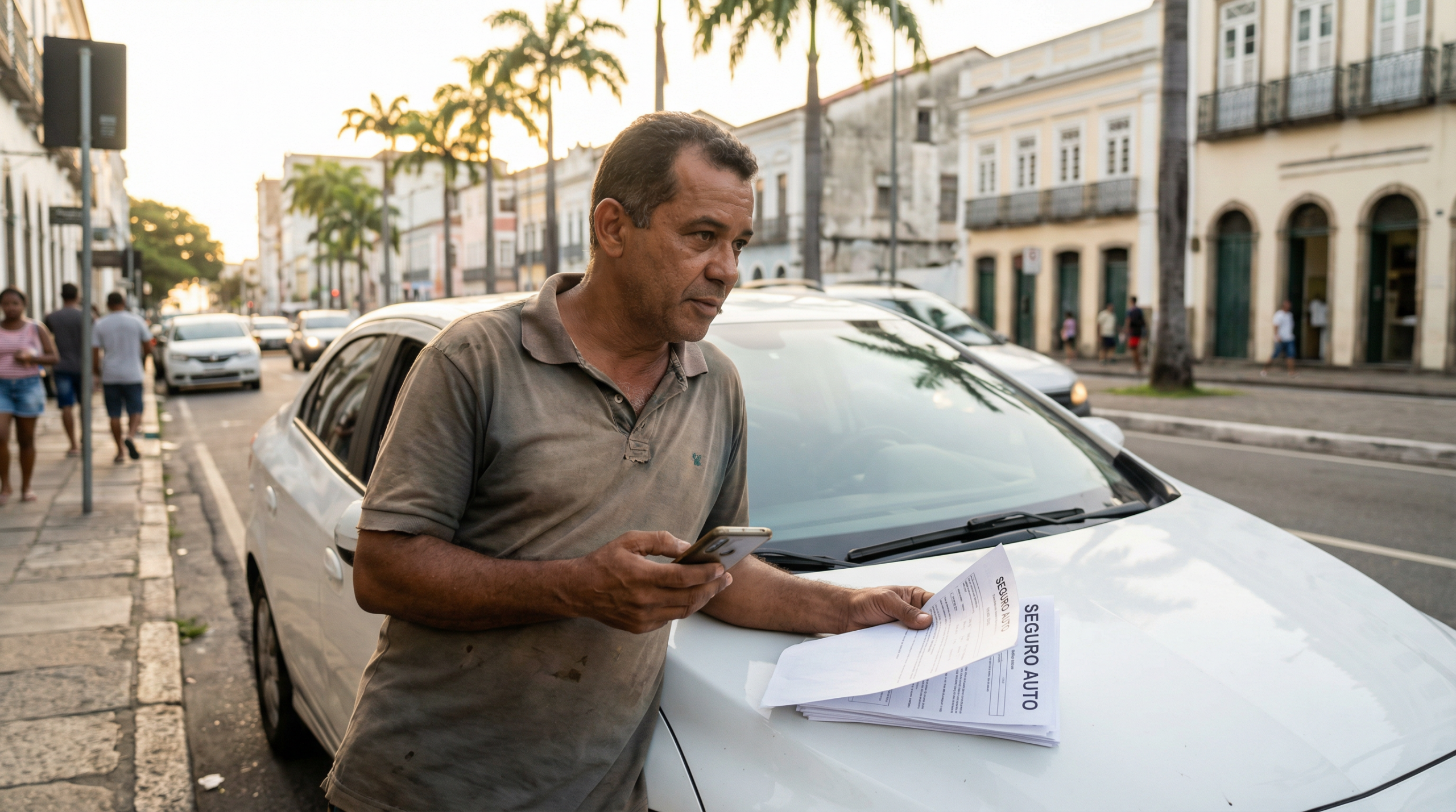 Motorista brasileiro revisando opções de seguro no celular encostado em sedan branco em rua urbana com documentos no capô ao entardecer