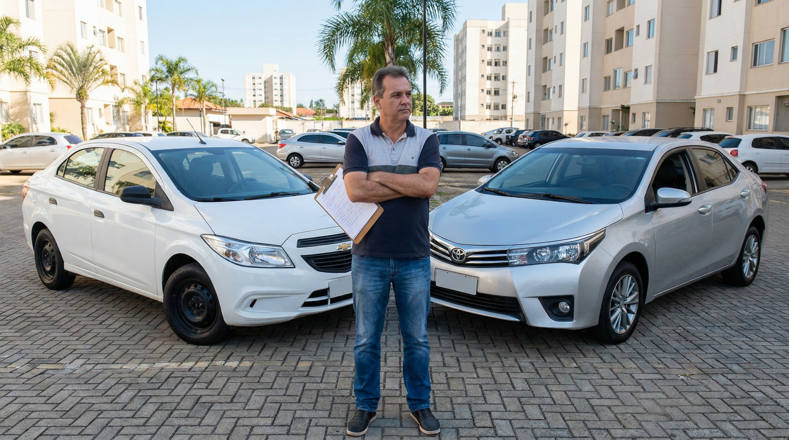 Homem brasileiro comparando dois sedans lado a lado em estacionamento com prancheta de anotações modelo econômico e confort