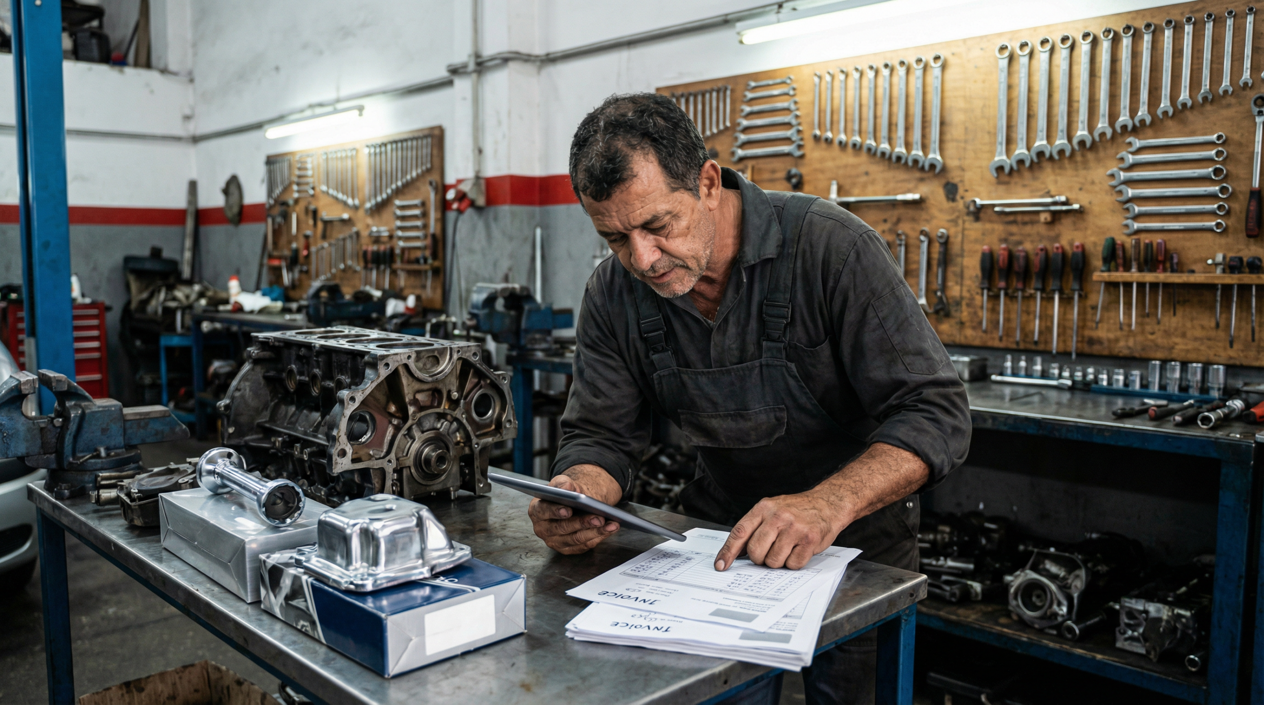 Mecânico brasileiro em oficina com motor desmontado e peças caras espalhadas na bancada com notas fiscais de reparo