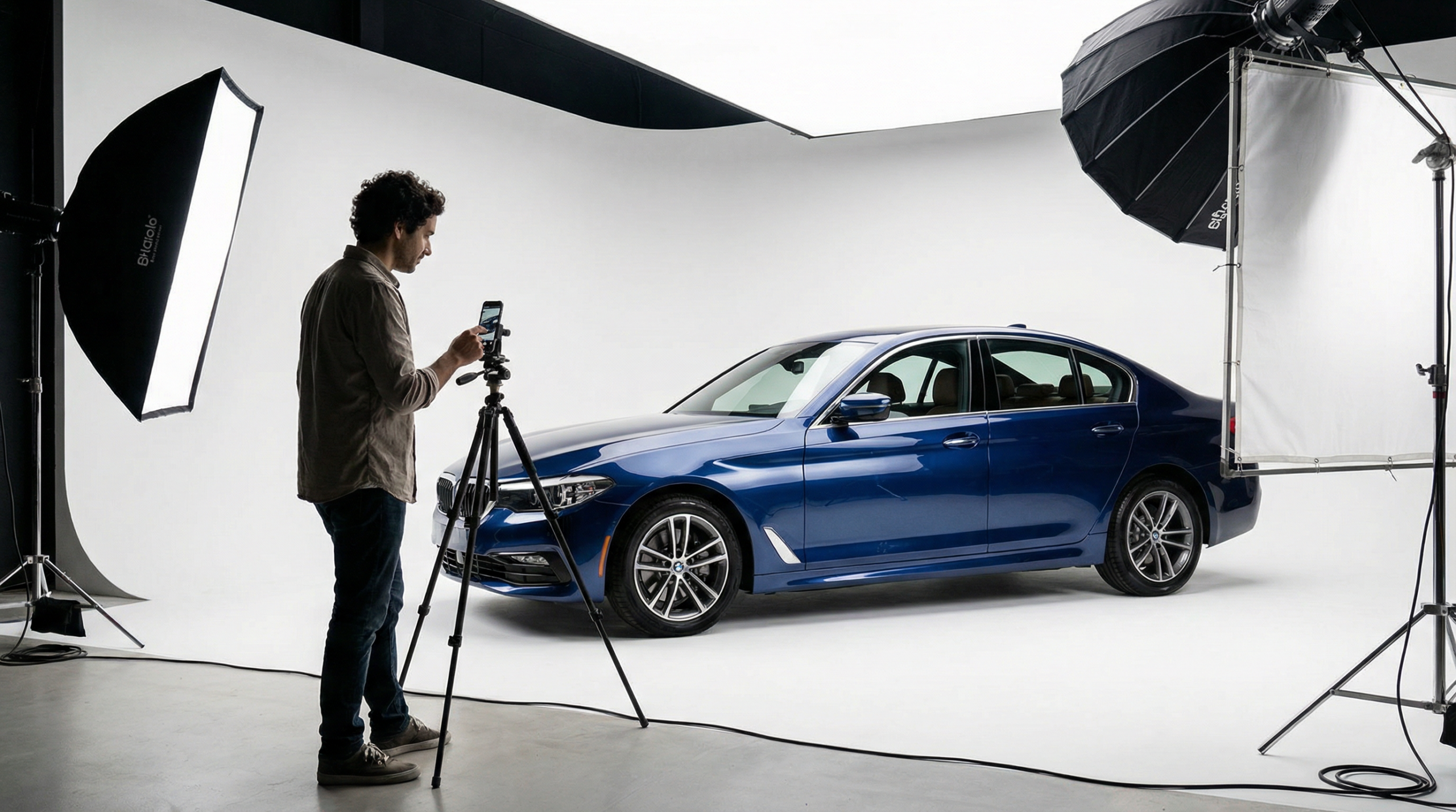 Homem brasileiro fotografando sedan polido para venda em estúdio profissional com iluminação de estúdio e smartphone no tripé