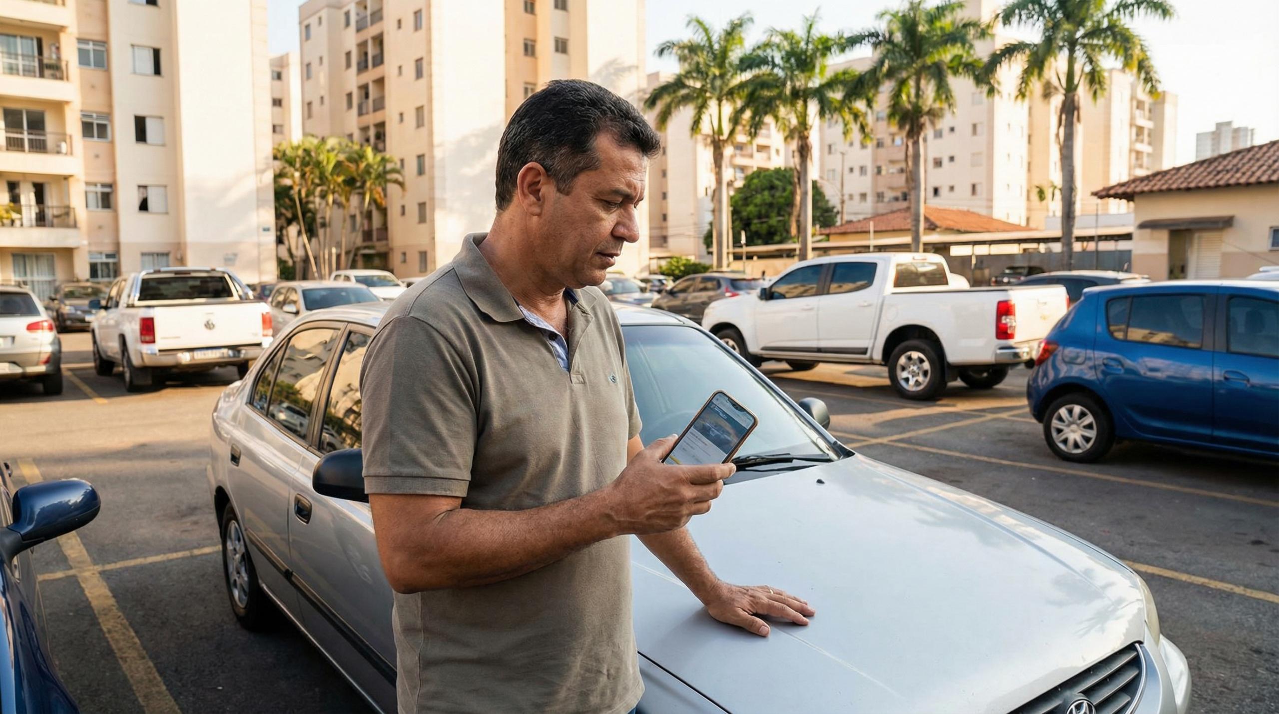 Homem brasileiro usando smartphone para comparar preços de leilão online com veículos físicos em estacionamento