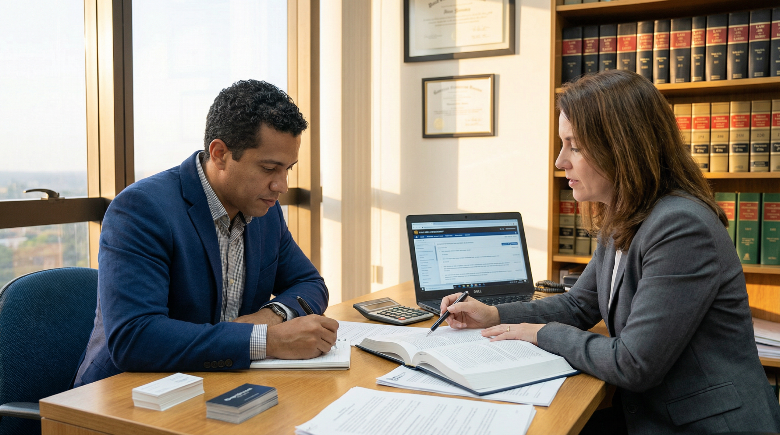 Homem brasileiro consultando advogada em escritório sobre processo judicial para recuperar dinheiro de golpe de leilão