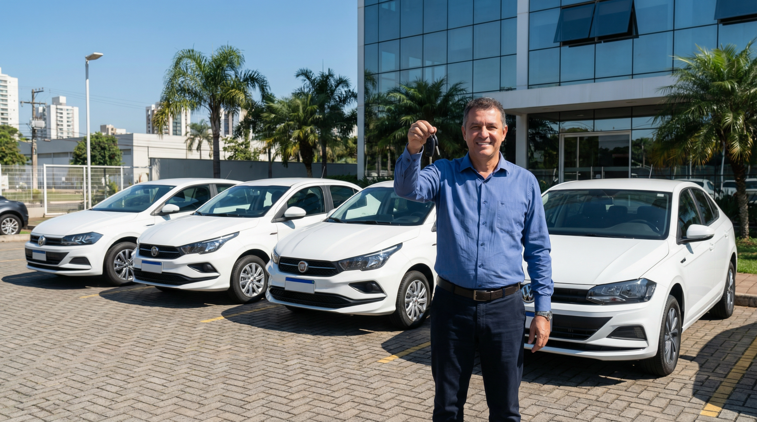 Empreendedor brasileiro em frente a frota de sedans brancos estacionados em negócio de aluguel de carros