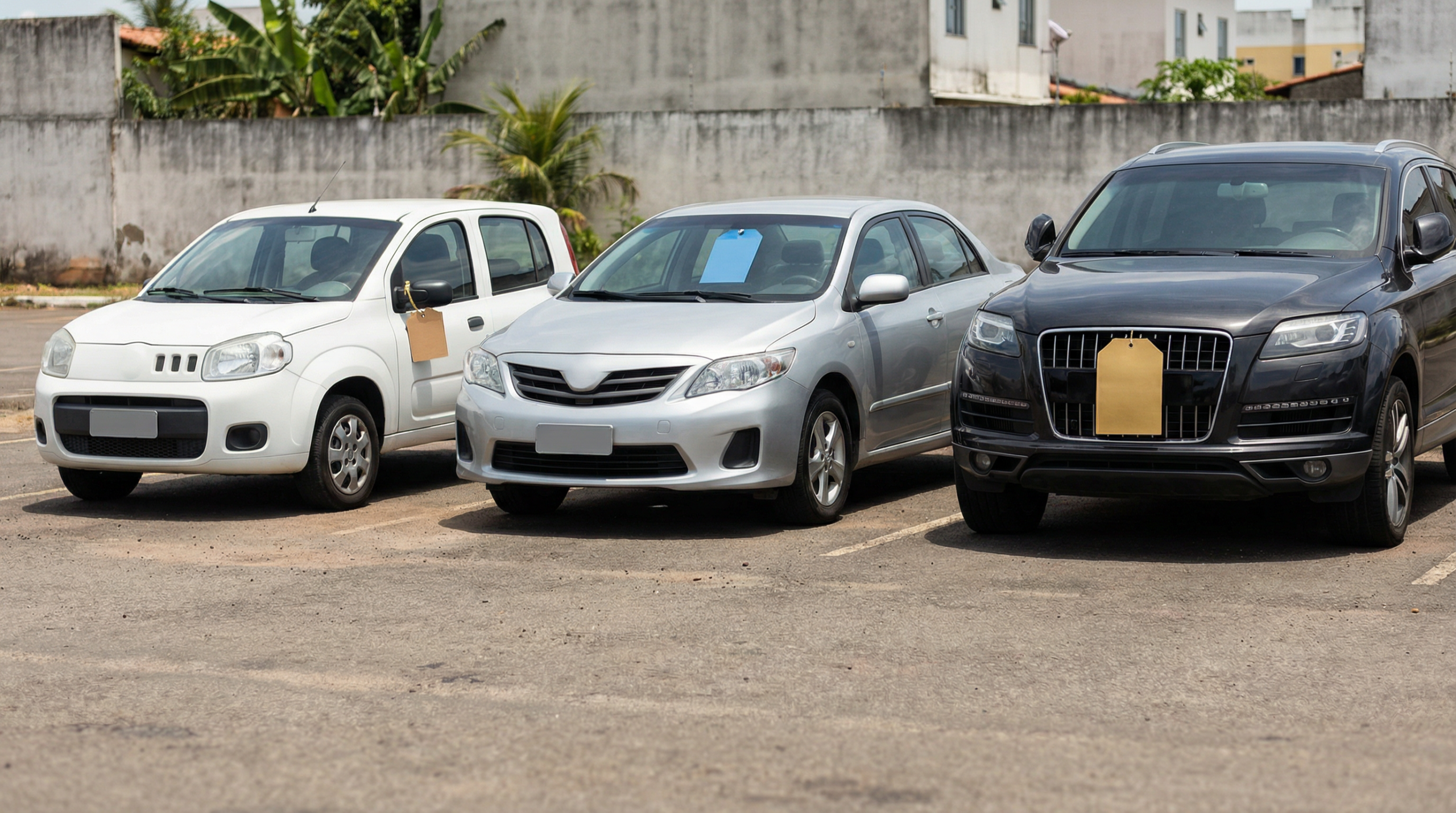 Três carros de diferentes faixas de investimento estacionados lado a lado hatchback sedan e SUV em pátio brasileiro