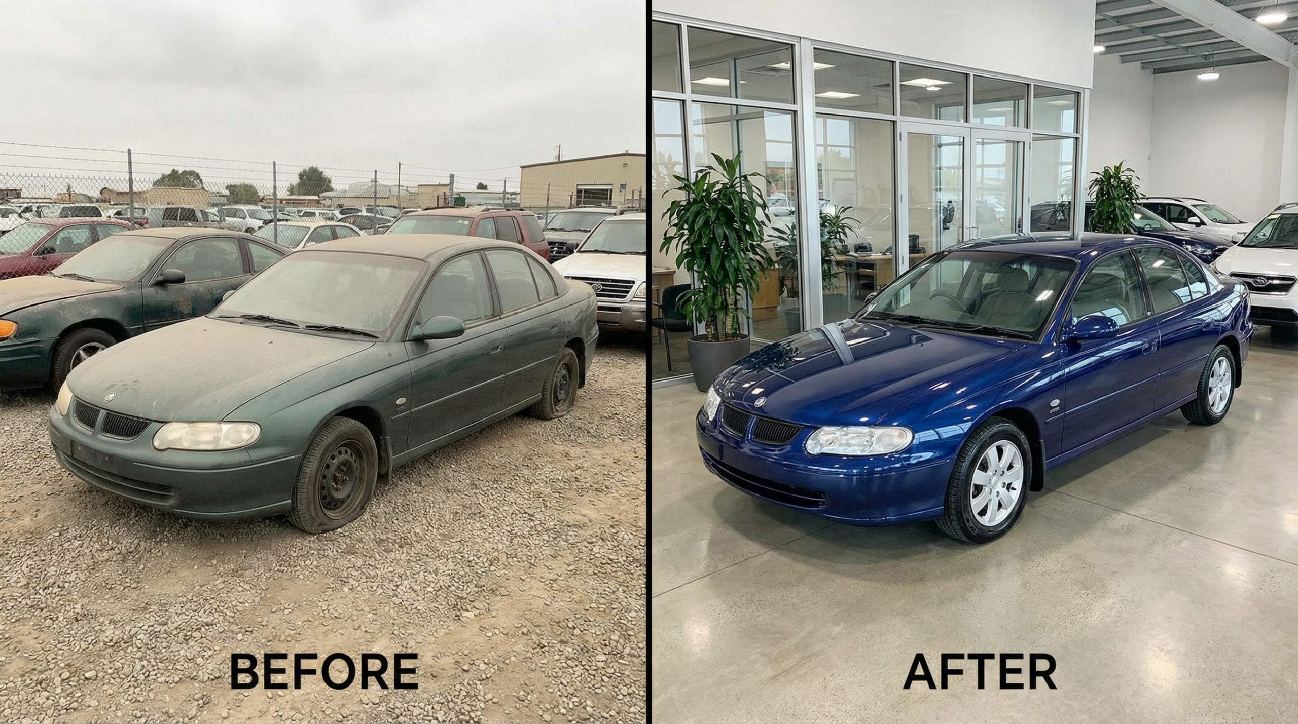 Cena antes e depois de carro de leilão mostrando sedan empoeirado no pátio e mesmo modelo polido pronto para venda