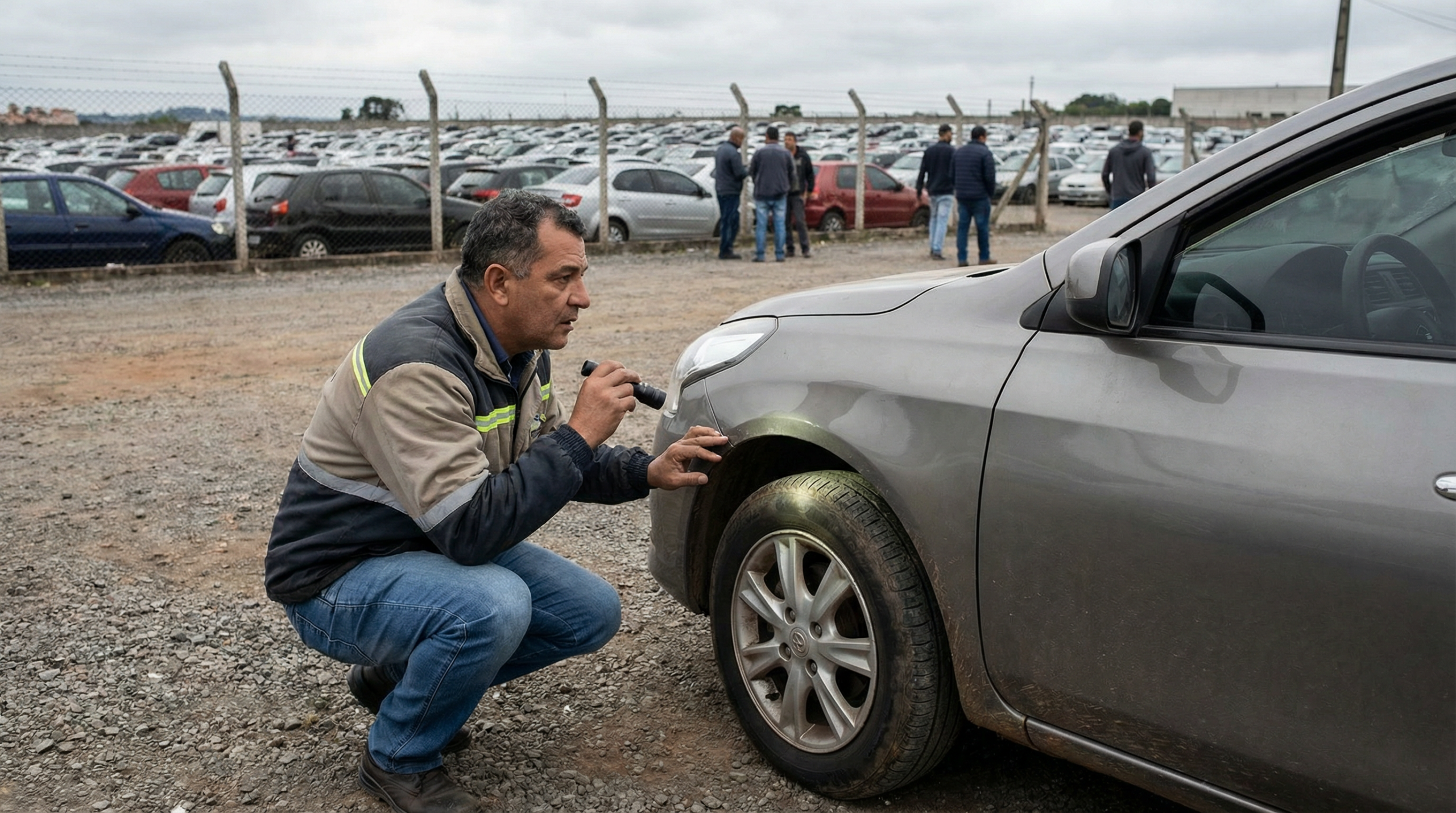 Homem brasileiro examinando carroceria de carro em pátio de leilão com lanterna