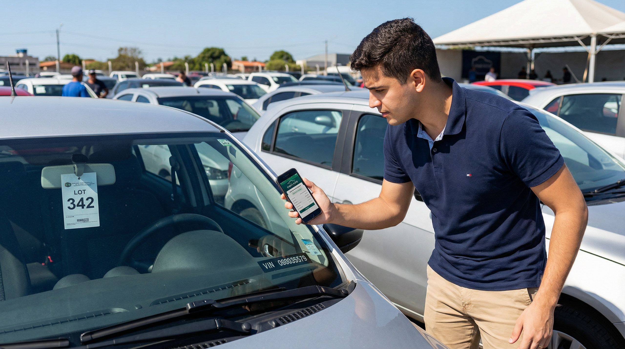 Jovem brasileiro usando celular para consultar histórico veicular antes de dar lance em leilão de carros