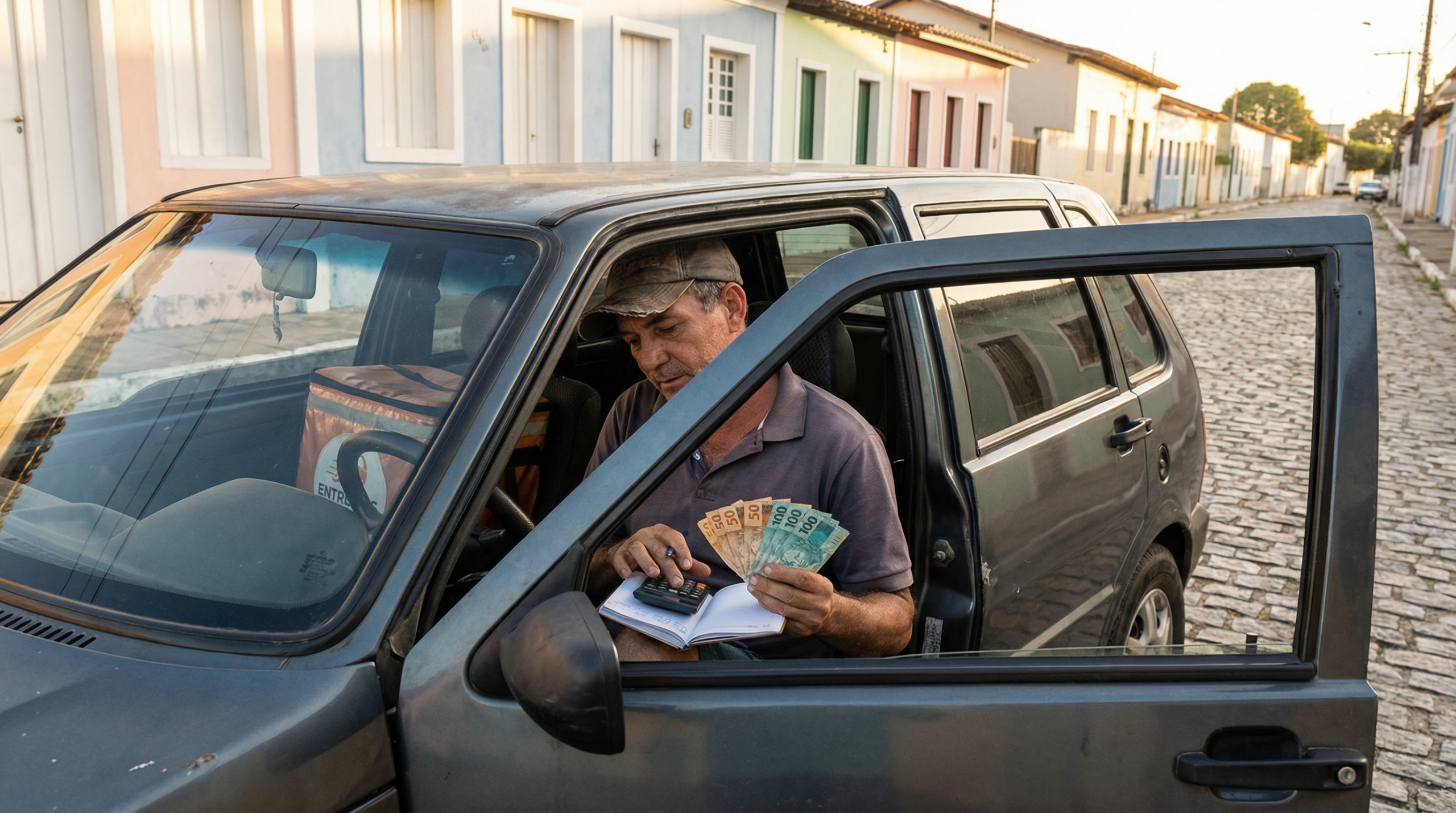 Motorista de entrega calculando ganhos e lucros dentro do carro com calculadora e dinheiro