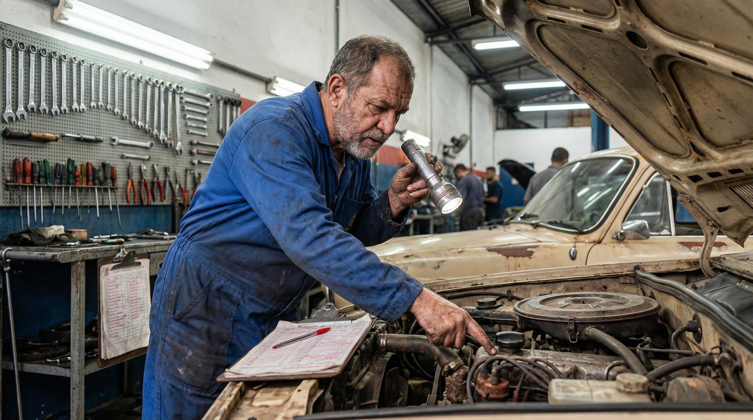 Mecânico inspecionando motor de carro usado em oficina mecânica profissional
