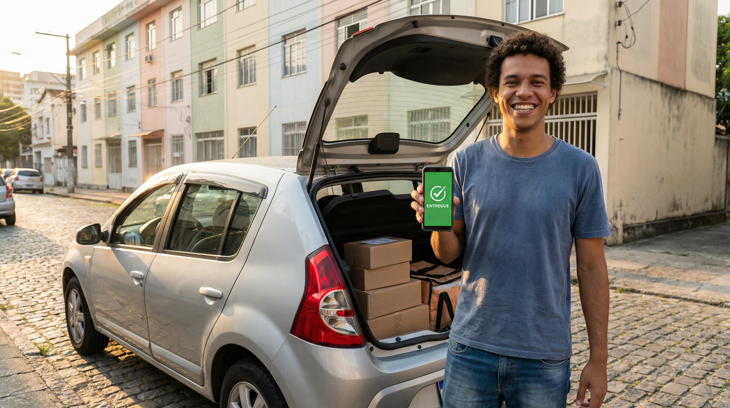 Entregador feliz fazendo primeira entrega com sacolas no carro e celular com app de entrega