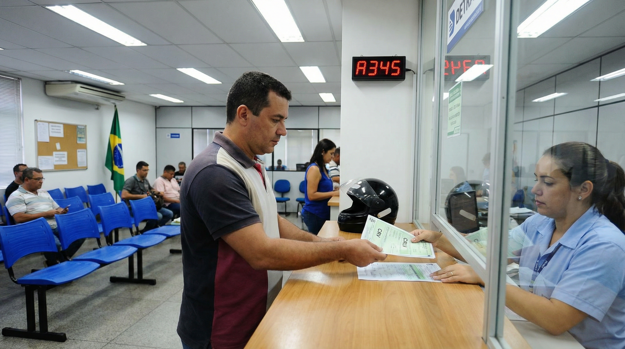 Homem brasileiro entregando documentos CRV e CRLV no balcão do DETRAN para transferência de moto de leilão