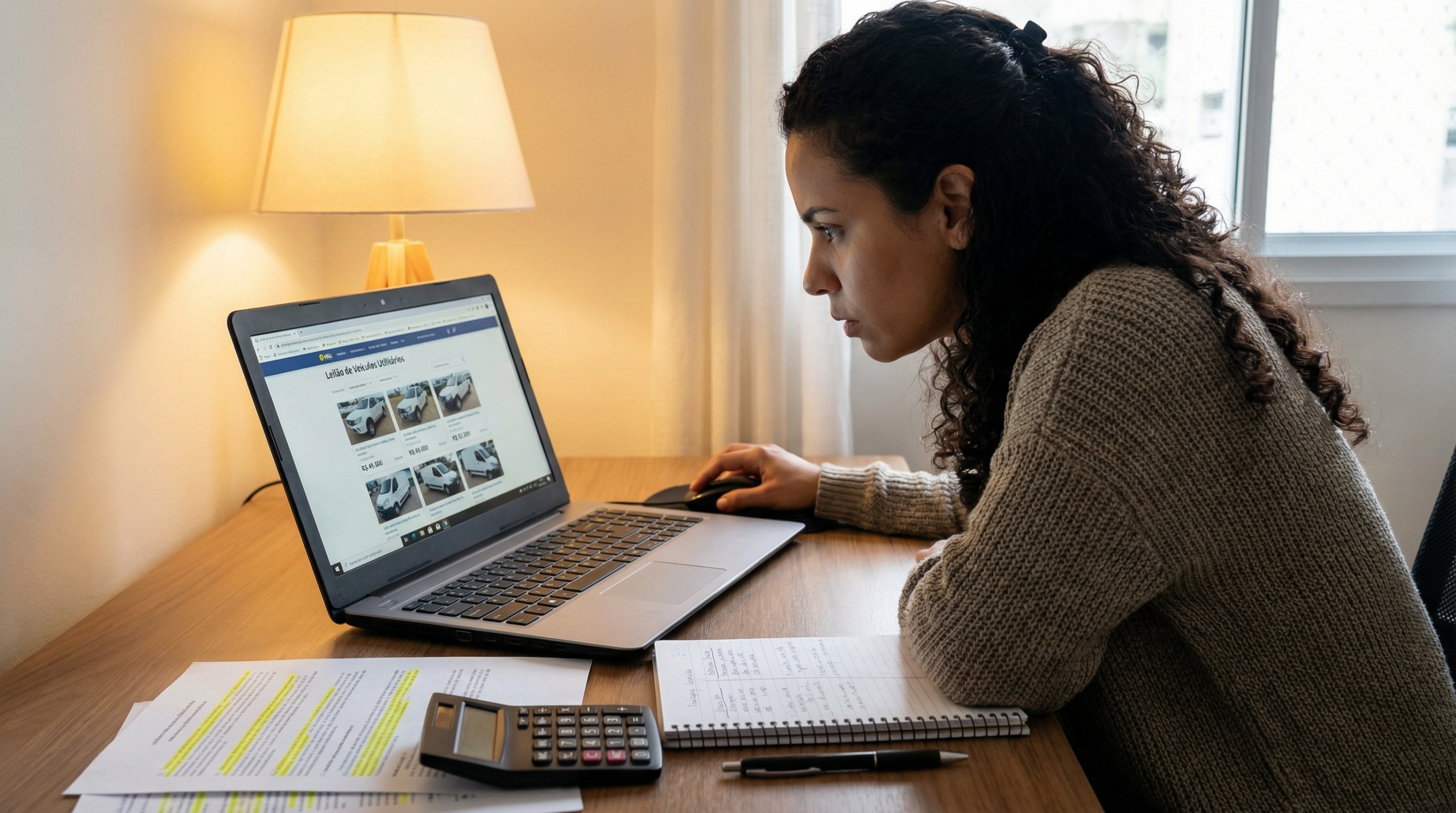 Mulher analisando catálogo de leilão online de utilitários no laptop com calculadora e anotações