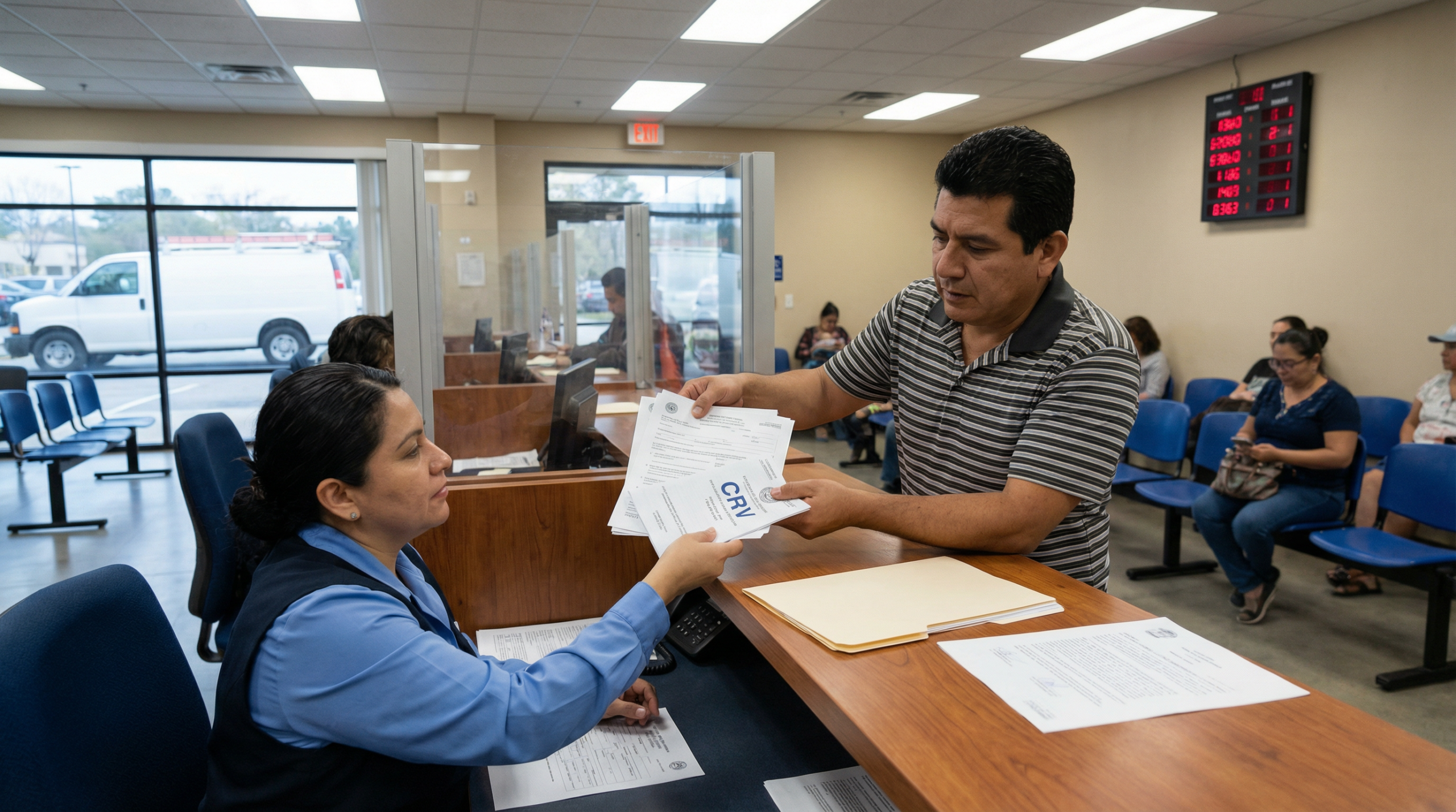 Homem no DETRAN entregando documentos de transferência de utilitário de leilão no balcão