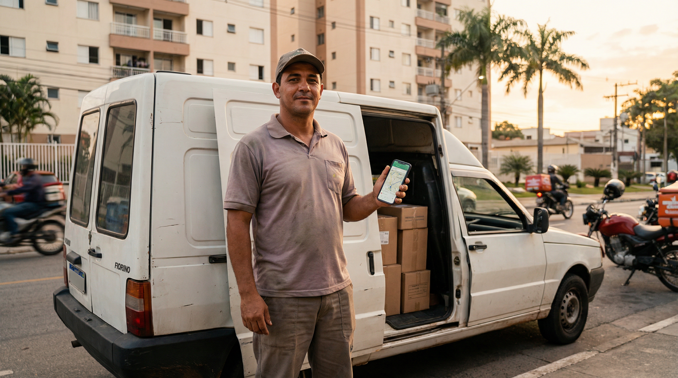 Motorista autônomo usando app de frete no celular dentro de utilitário com caixas no compartimento