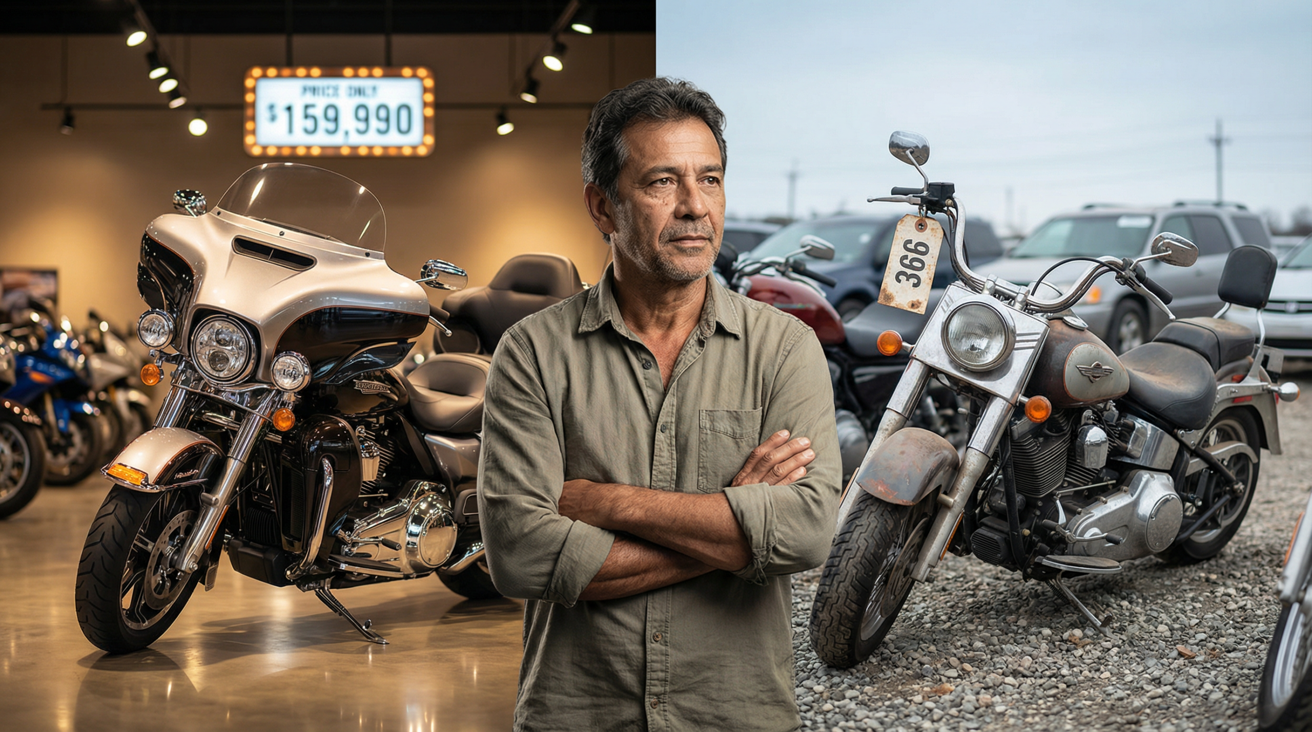 Comparação entre moto nova em concessionária e moto usada em pátio de leilão com homem avaliando