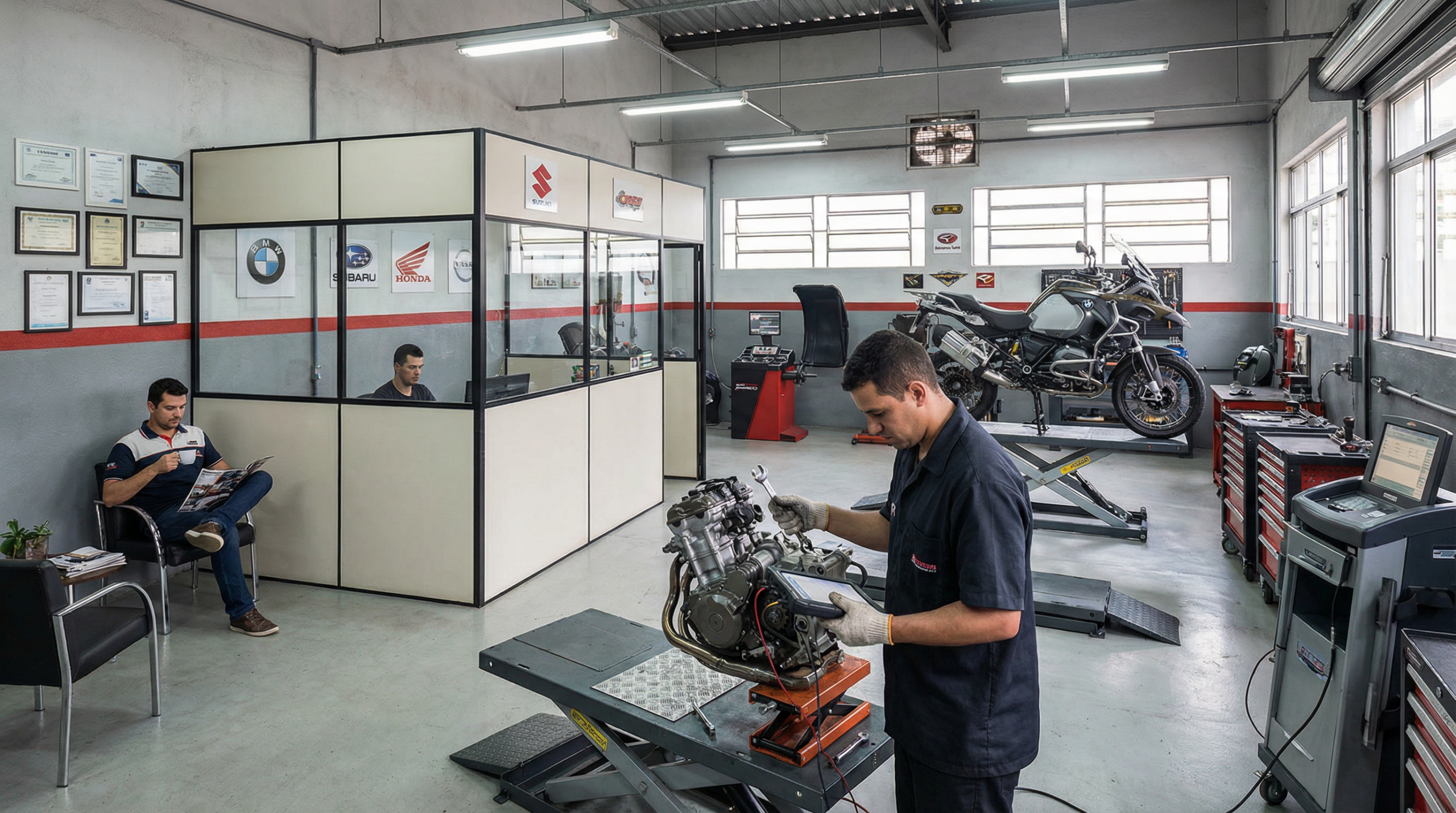 Oficina mecânica especializada em motos com mecânico trabalhando em revisão completa