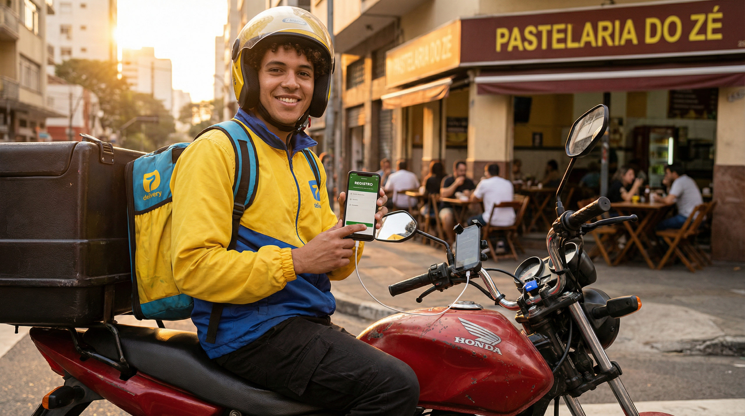 Motoboy brasileiro feliz em moto Honda equipada com bag térmica mostrando app de delivery no celular