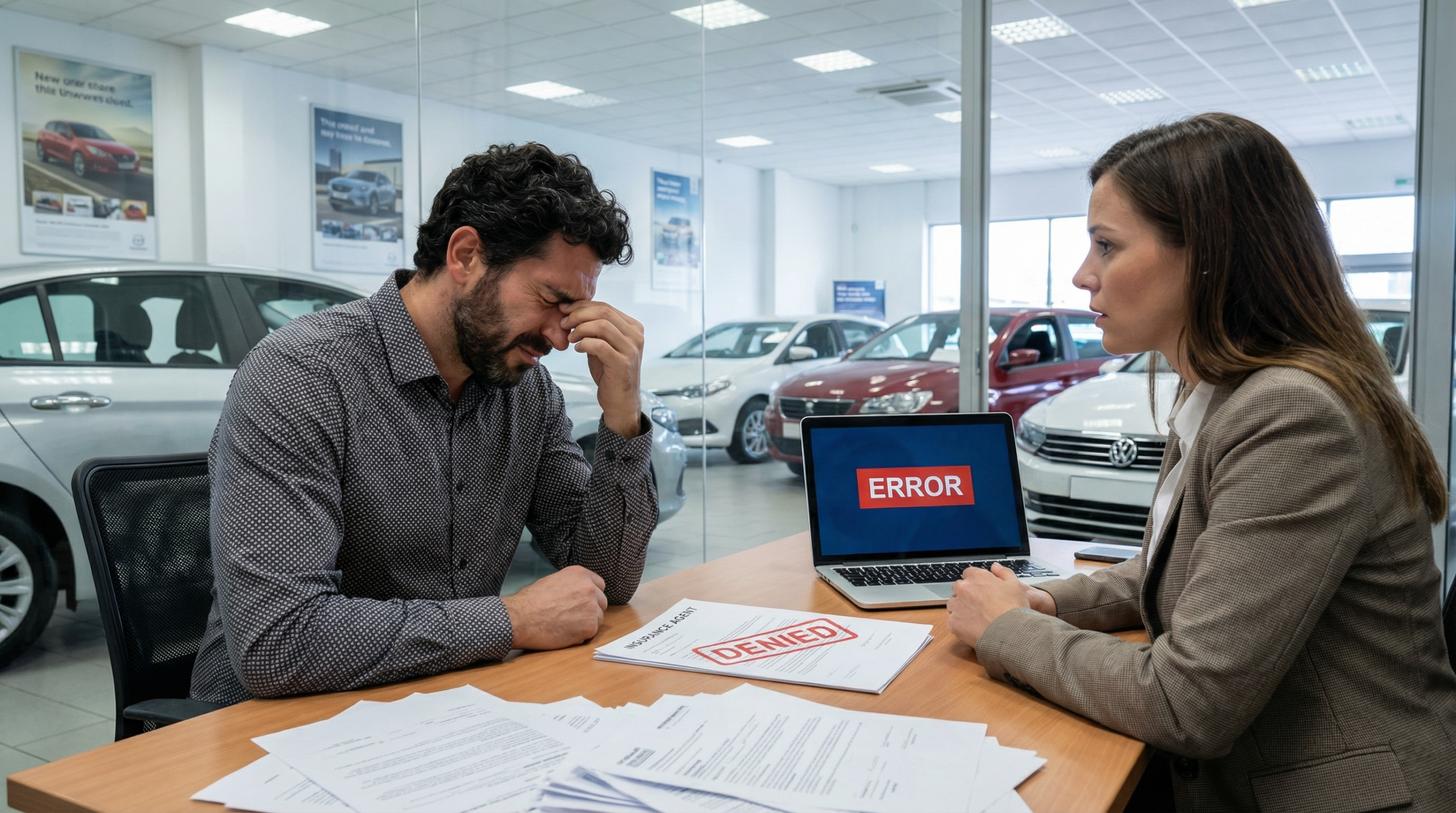 Homem brasileiro frustrado recebendo recusa de seguro para carro de leilão em escritório de concessionária