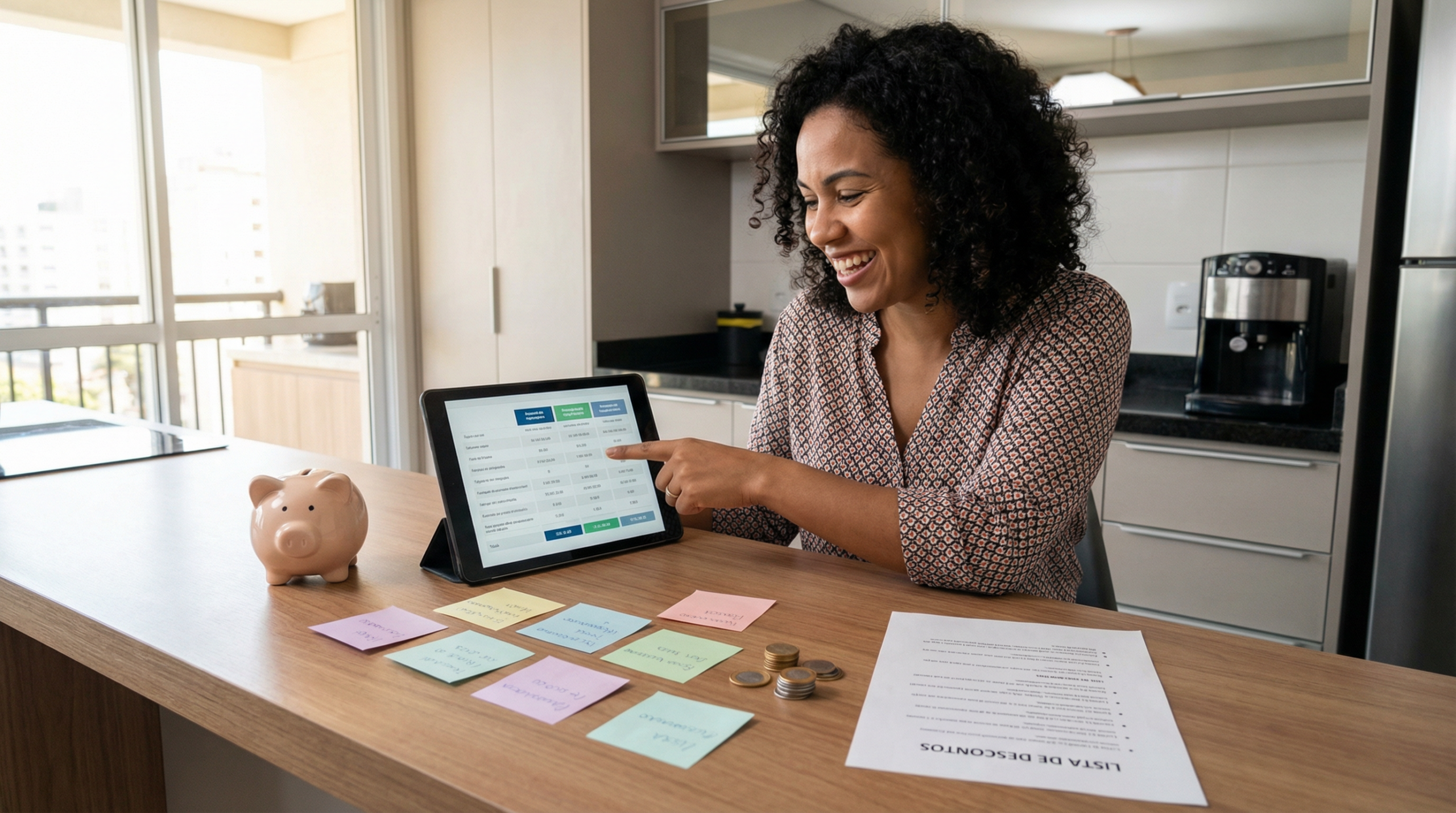 Mulher brasileira comparando cotações de seguro no tablet com sticky notes de dicas de economia e cofrinho na mesa