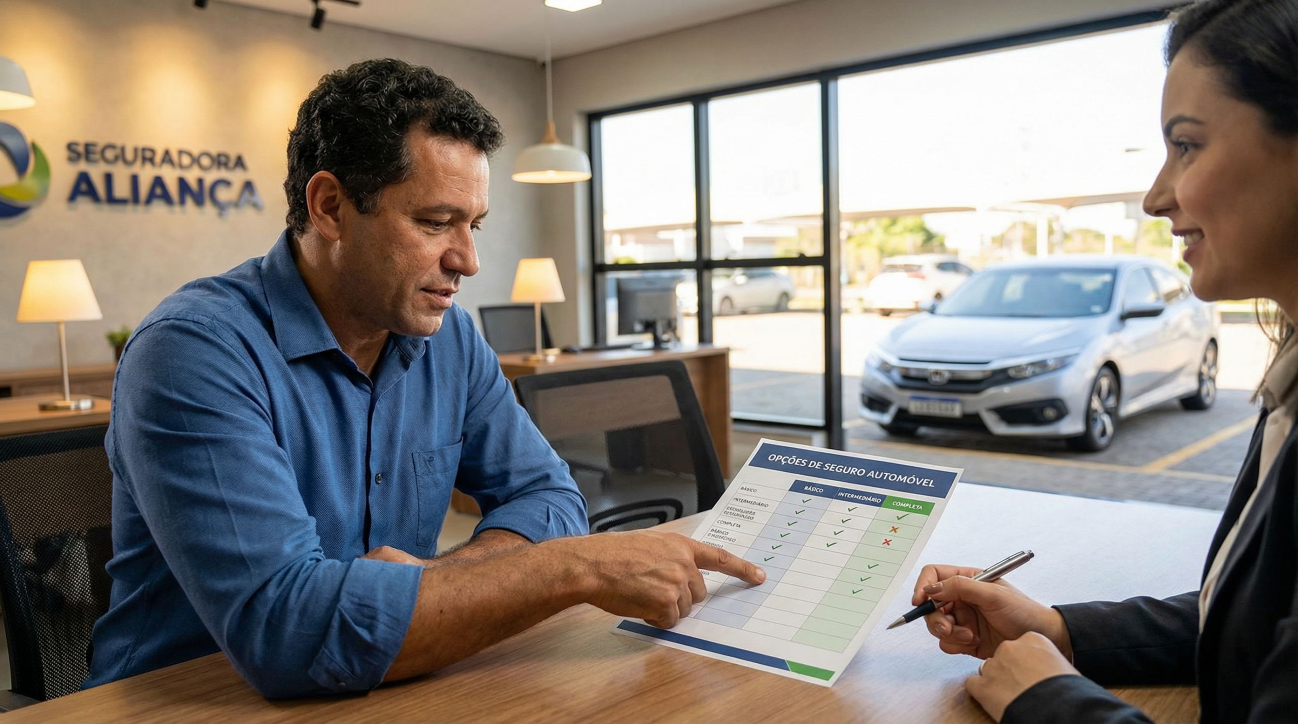Homem escolhendo nível de cobertura de seguro para carro de leilão em escritório