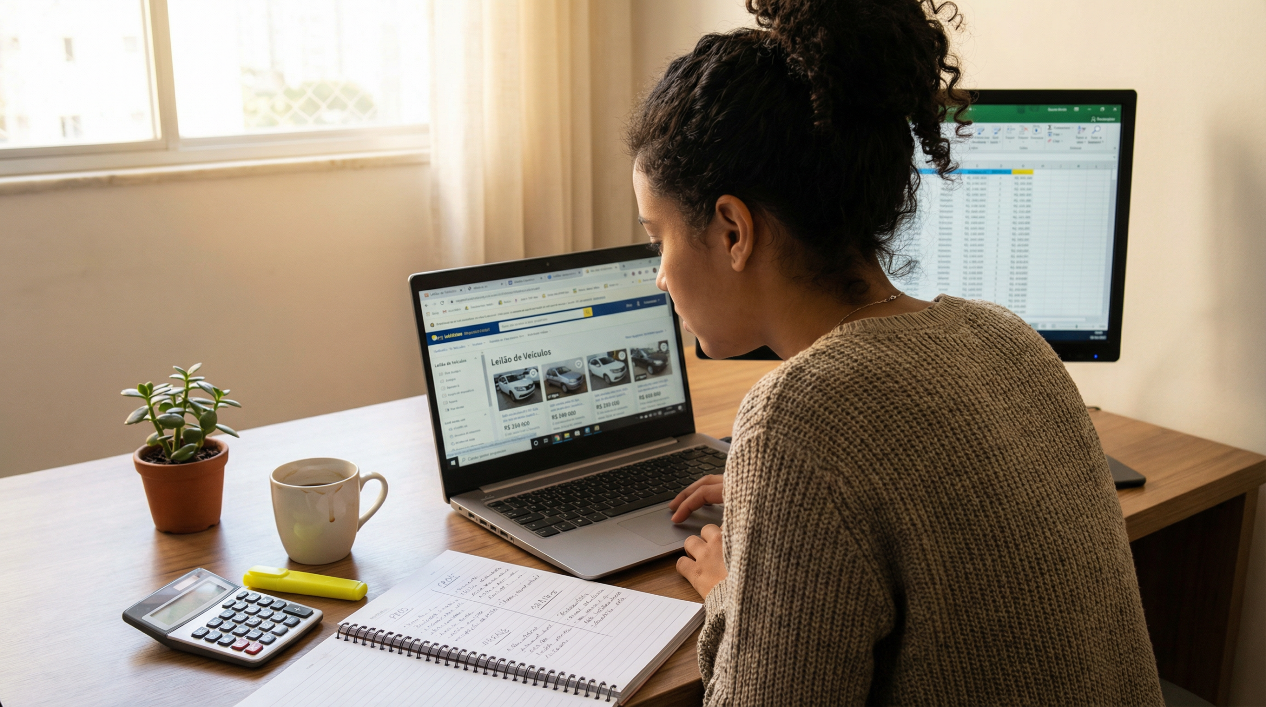 Mulher brasileira comparando sites de leilão de veículos no laptop com planilha de comparação e anotações