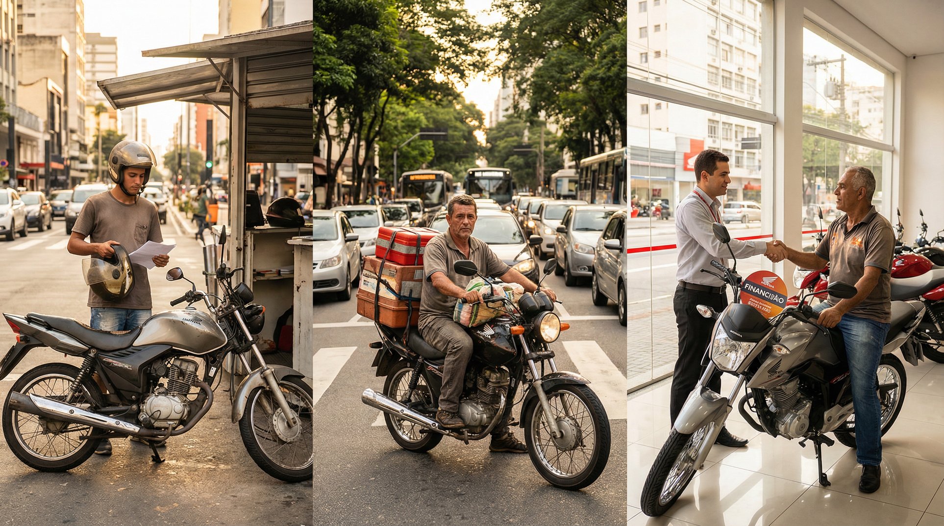 Três motoboys brasileiros em cenários diferentes representando aluguel compra de leilão e financiamento de moto