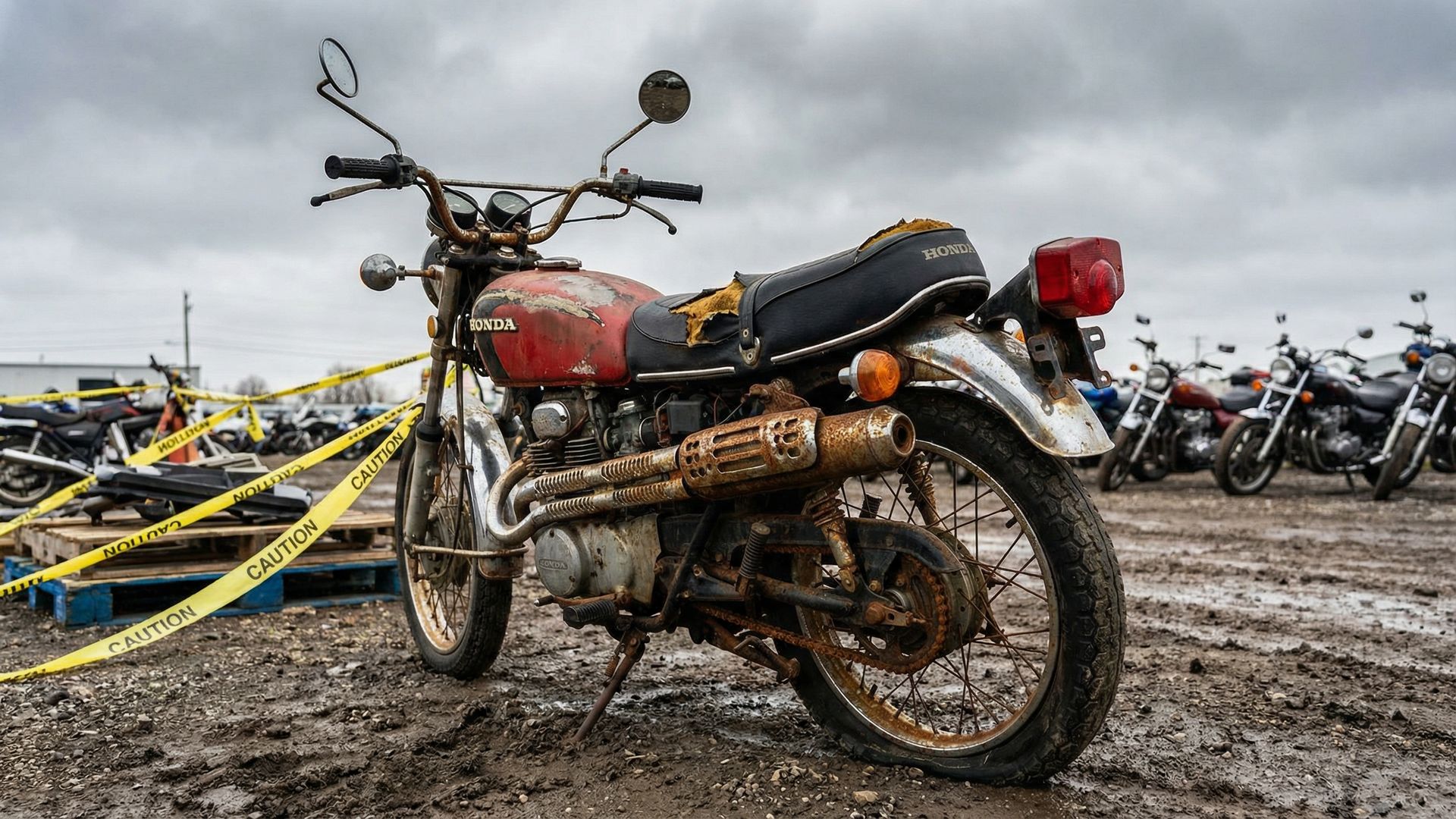 Moto com sinais de ferrugem e danos que deve ser evitada em leilão