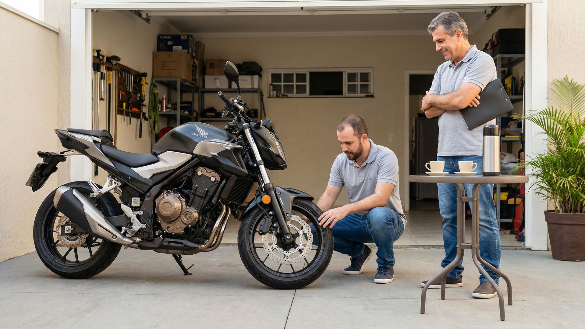 Negociação presencial entre comprador e vendedor com moto de leilão