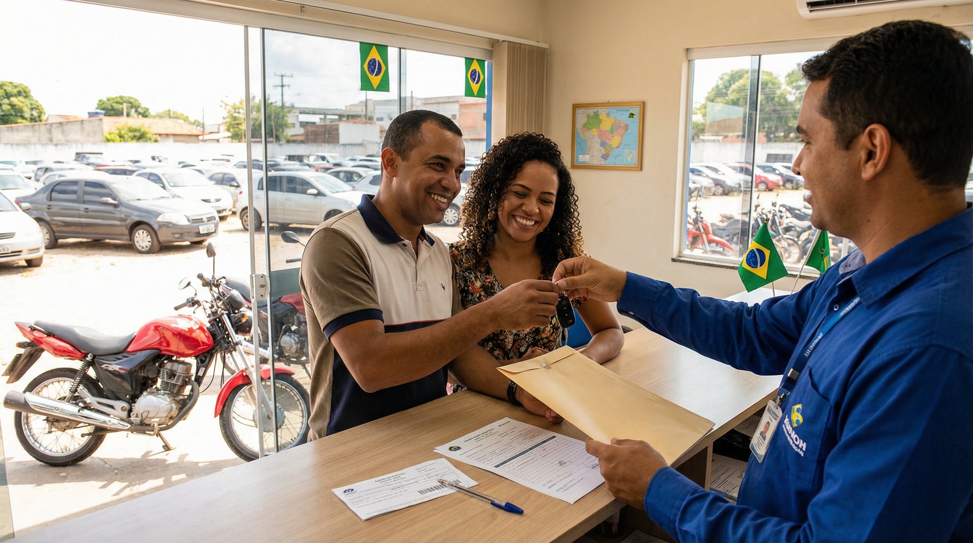 Casal recebendo chaves e documentos do veículo arrematado no escritório do leilão