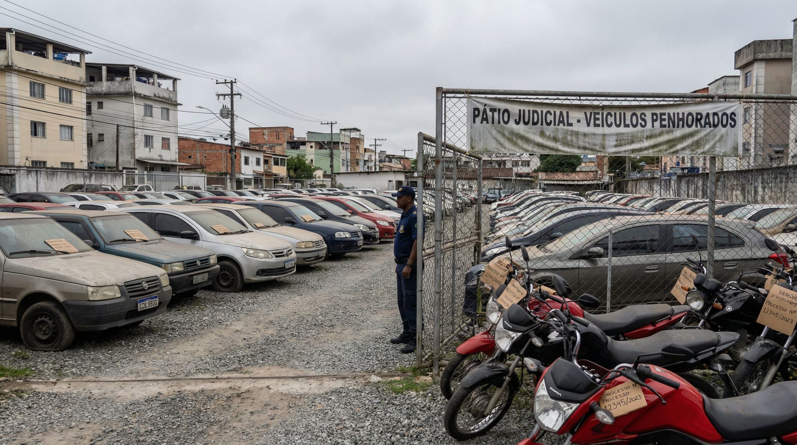 Pátio judicial com veículos penhorados organizados em fileiras com etiquetas de processo